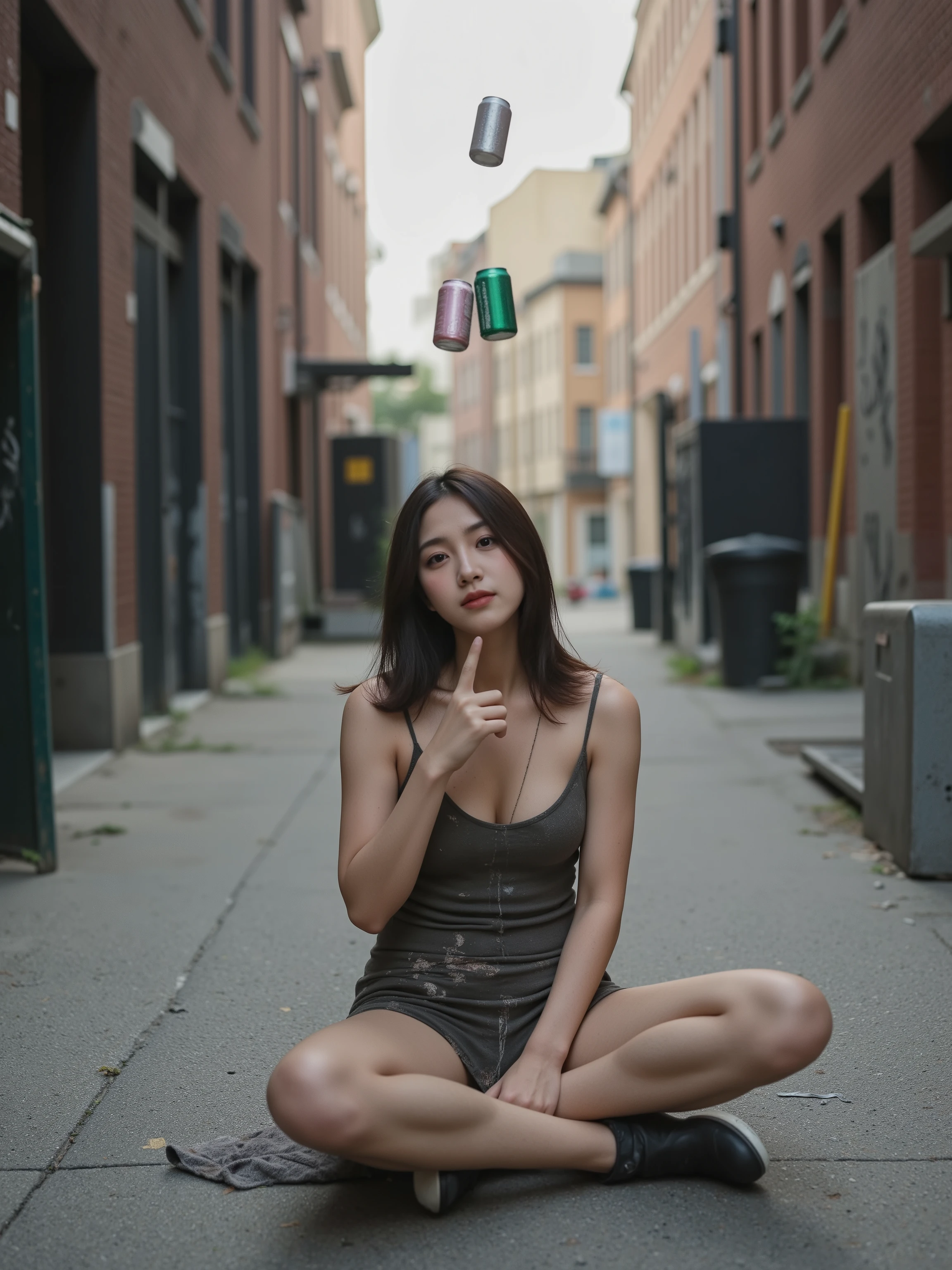 A young homeless woman sits cross-legged in a narrow alleyway, with three empty aluminum cans levitating in front of her as she raises her right index finger. She wears tattered, dirty clothing and her skin appears unwashed. The alley setting features brick walls, scattered debris, and typical urban elements like graffiti and dumpsters, creating a stark contrast between the mundane setting and the supernatural levitation effect. Documentary-style street photography with natural lighting and shallow depth of field focusing on the central subject. seated, Huge Breast,