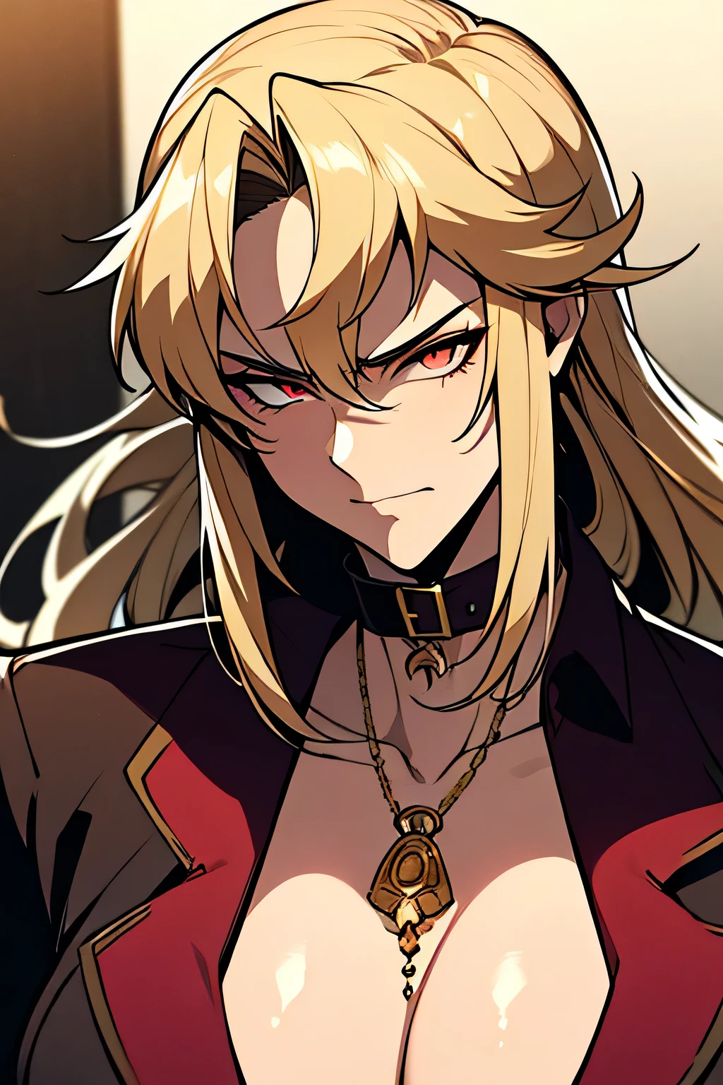 anime style, ultra detailed portrait, large muscular older mafia woman with wild voluminous blonde hair swept back, battle scars visible on face, neck and arms, piercing cold eyes, broad shoulders, strong jawline, wearing a luxurious black suit, deep red silk shirt, unbuttoned collar, heavy fur coat, gold rings and bold jewelry, serious and vicious expression, holding a custom pistol, photorealistic anime shading, masterpiece, depth of field, atmosphere of violent authority and mafia elegance