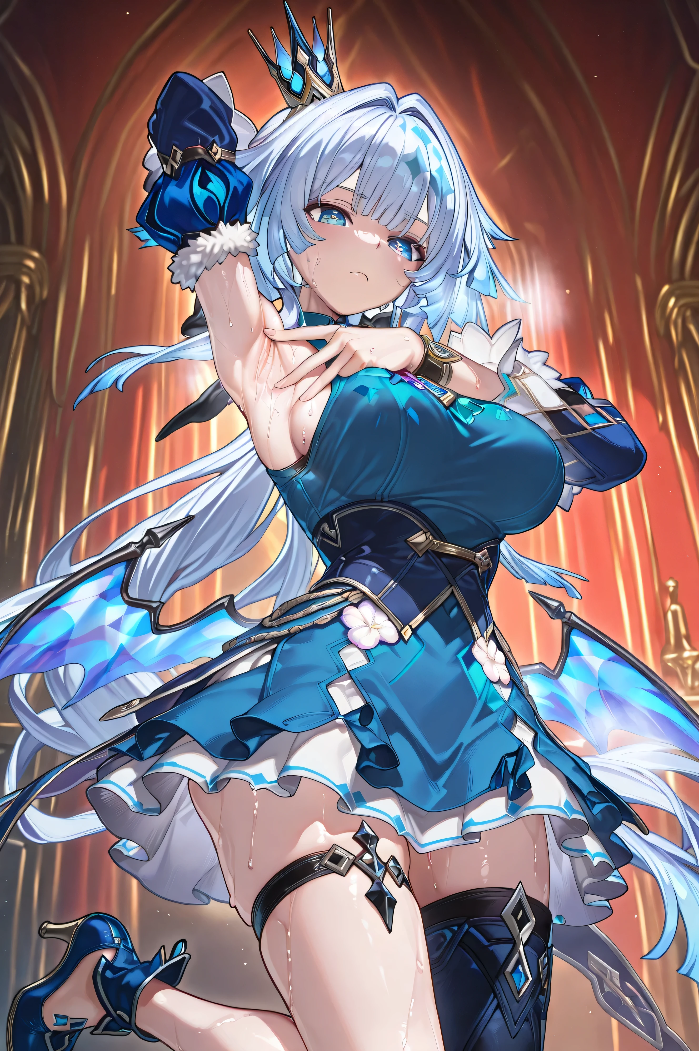 My armpits are close 、armpits are clearly visible、shows off your armpits to viewers、v, spread armpit, presenting armpit,cerydra, 1girl, crown, mini crown, black thighhighs, blue dress, hair bow, black bow, detached sleeves, asymmetrical legwear, frills, bare shoulders, collarbone,  thigh strap, thighhighs, blue footwear, high heels, fur trim, single thighhigh, wings,,cerydra,masterpiece, Highest Quality, vivid, very beautiful, High Contrast, Semirealistic, Newest, High Contrast ,  Semirealistic,Newest,Very beautiful woman,1 person,shut up, sweaty,   angling from below , take off your shoulders,  armpit,Sweaty armpit, wipe sweat with a towel , fitness gyms that teach yoga , Tee Hair,  sports bra,sweat stains,Clothes That Are Wet and See-Through,  Extremely Big Breasts , ((masterpiece,  Highest Quality ,  very detailed CG,   8k Unity Wallpaper   )),(masterpiece,  Highest Quality ,  Highest Quality ,  OFFICIAL ART,  beautiful),Very vivid,High-precision images, Super High Definition,, beautiful quality and attention to detail, complete anatomical diagram, anime style,詳細な beautiful faceの特徴,High definition hand:1.3, Backlit, Dynamism ,Unrealistic Beauty, enchanting eyes, BEAUTIFUL SHADOW , Highest Quality, (intricate details),  Cinematic light from the back, ray tracing , beautiful face, perfect face,