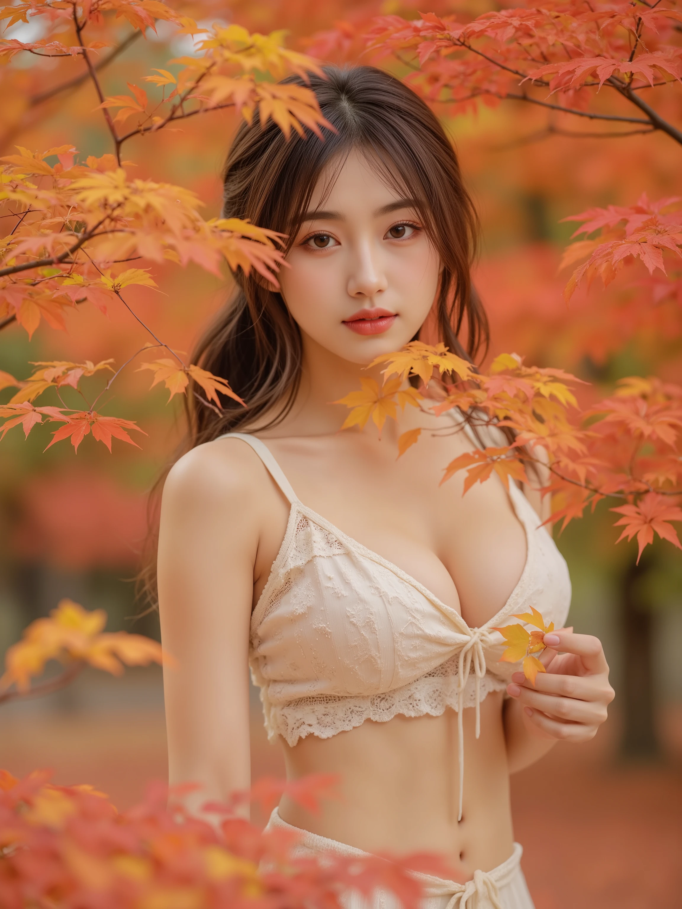 Autumn、 scenery,make-up,ethereal_makeup,Japanese,woman,Huge Breast,beautiful young woman,I'm walking through fall foliage,Elegant,soft expression,Natural Posture ,Red and yellow leaves dance,Subtle Sparkling,delicate texture,4K rendering,Realistic,delicate depiction of light,Natural photography,Portrait Photos,High Quality,extreme detail reproduction