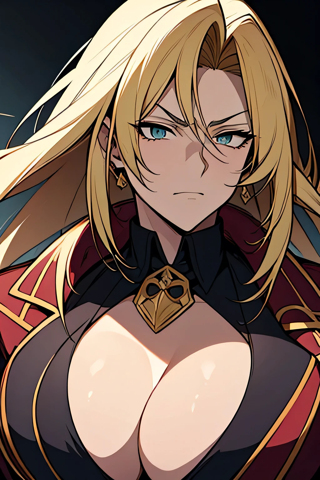 anime style, ultra detailed portrait, upper body, large muscular older mafia woman with wild voluminous blonde hair swept back, battle scars visible on face, neck and arms, piercing cold eyes, broad shoulders, strong jawline, wearing a luxurious black suit, deep red silk shirt, unbuttoned collar, heavy fur coat, gold rings and bold jewelry, serious and vicious expression, holding a custom pistol, photorealistic anime shading, masterpiece, depth of field, atmosphere of violent authority and mafia elegance