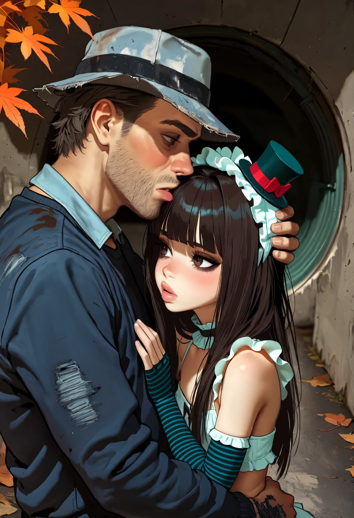 ((homeless man carries young model)), masterpiece, best quality, absurdres, 1boy, 1girl, girl groped by dirty man, ugly man, ((Caucasian girl)), Western features, white girl, ((youth, slender body, young model)), ((short girl), (4k, 8K), ((even fringe, blunt bangs)), hair intakes, full lips, big lips, (brown eyes), dark brown eyeshadow, dark eyeliner, brainwashed girl, striped gloves, fingerless gloves, teal stripes, black stripes, elbow gloves, tiny top hat, ruffled hat, ((Ulysses butterfly)), white ruffles, ruffled collar, Super-Resolution, detailed scenario, stormwater tunnel, (Autumn leaves), (man holds girl)