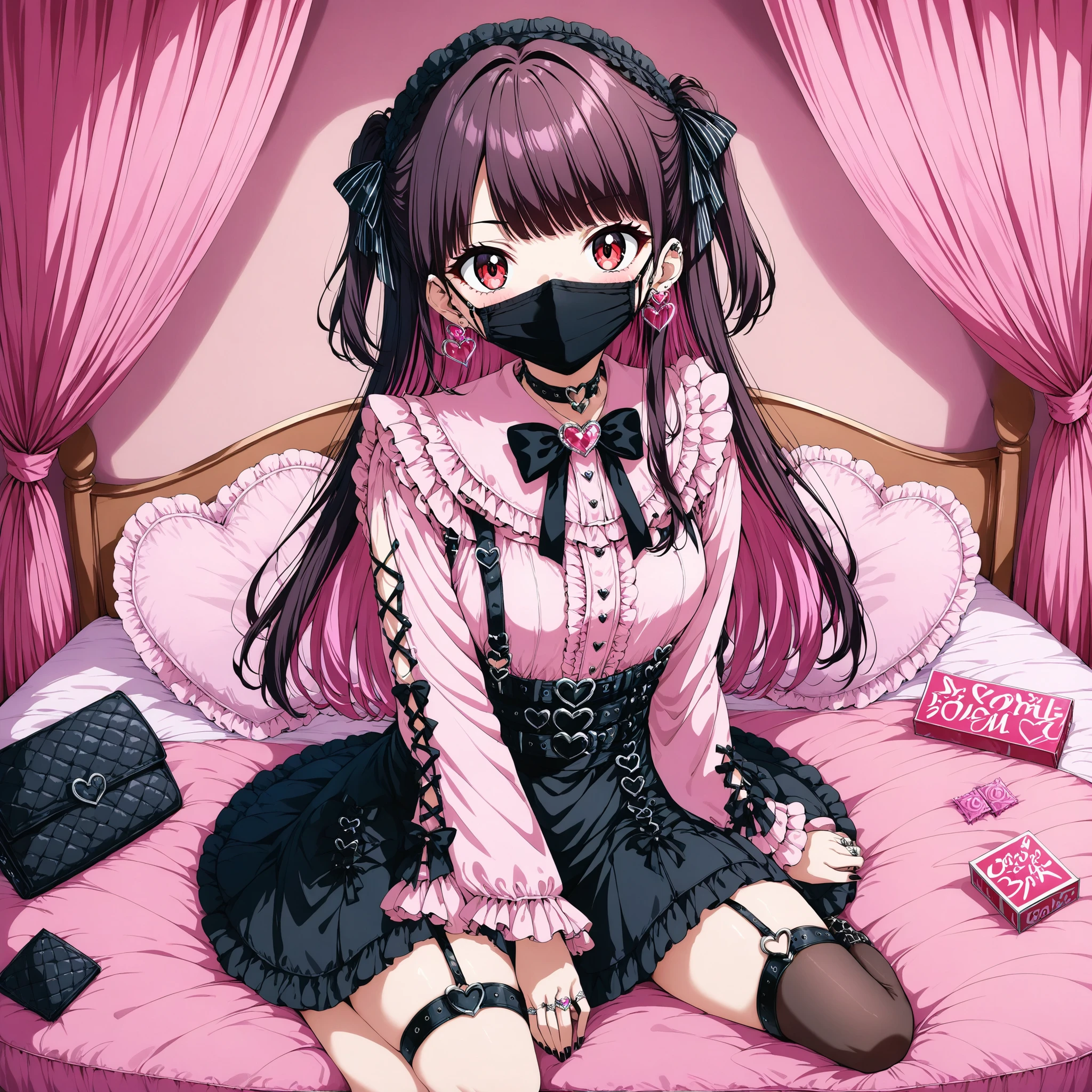 (score_9_, score_8_up, score_7_up, source_anime, 8k, masterpiece, Highest Quality, Super Detailed, so delicate and beautiful, Official Style, depth of field, Very detailed, very aesthetic, complicated, Overall Details, Perfect ), Watch Viewers, ((Faint Light:1.2)), , Walliza , on bed, (Indoor, ホテルof部屋, love hotel, pink wall, Canopy Bed,キングサイズベッド沢山offrills枕,ピンクofベッドシーツ), ( Box, Wrapper ), (ピンクofスマートフォン, ribbon strap ), BREAK 1girl, solo, (dark hair, ピンクof髪, そof他of部屋), long hair, two side up, dark hair bow, red eyes, jirai kei, (interracial clothing , ピンクofシャツ, long sleeve, frillsed sleeves), frills, wearing a black bow tie, black skirt, sblackuspendersheart brooch , heart earrings, ring, nail polish, PINK NAILS, Black nails, (mouth mask, black mouth mask), black belt, o-ring thigh strap, 黒ofチョーカー, of