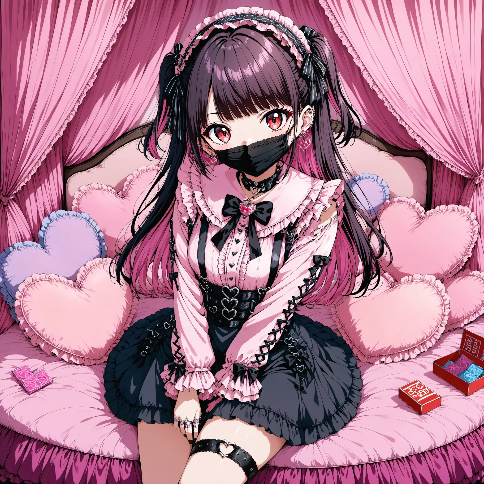 (score_9_, score_8_up, score_7_up, source_anime, 8k, masterpiece, Highest Quality, Super Detailed, so delicate and beautiful, Official Style, depth of field, Very detailed, very aesthetic, complicated, Overall Details, Perfect ), Watch Viewers, ((Faint Light:1.2)), , Walliza , on bed, (Indoor, ホテルof部屋, love hotel, pink wall, Canopy Bed,キングサイズベッド沢山offrills枕,ピンクofベッドシーツ), ( Box, Wrapper ), (ピンクofスマートフォン, ribbon strap ), BREAK 1girl, solo, (dark hair, ピンクof髪, そof他of部屋), long hair, two side up, dark hair bow, red eyes, jirai kei, (interracial clothing , ピンクofシャツ, long sleeve, frillsed sleeves), frills, wearing a black bow tie, black skirt, sblackuspendersheart brooch , heart earrings, ring, nail polish, PINK NAILS, Black nails, (mouth mask, black mouth mask), black belt, o-ring thigh strap, 黒ofチョーカー, of