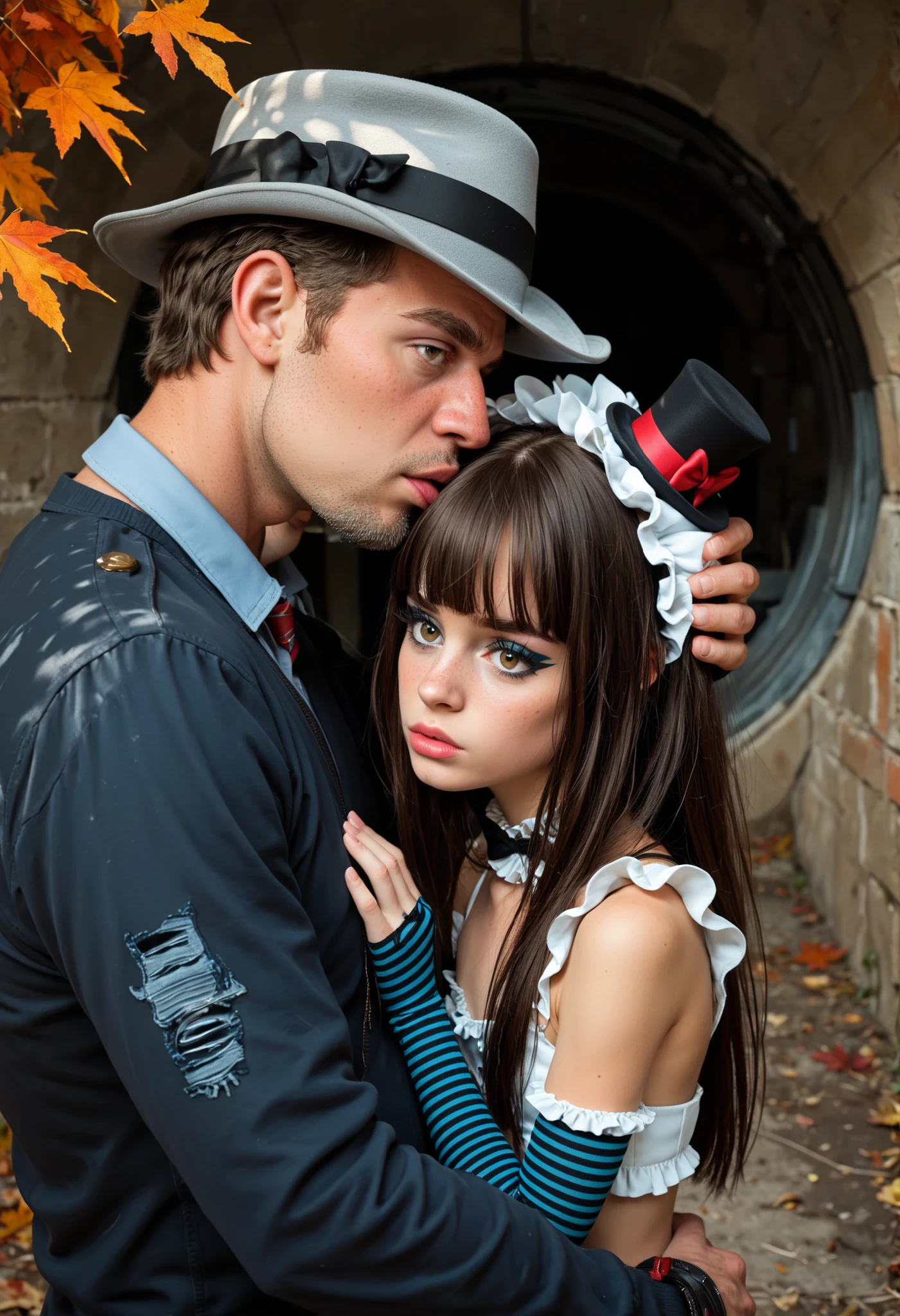 ((homeless man carries young model)), masterpiece, best quality, absurdres, 1boy, 1girl, girl groped by dirty man, ugly man, ((Caucasian girl)), Western features, white girl, ((youth, slender body, young model)), ((short girl), (4k, 8K), ((even fringe, blunt bangs)), hair intakes, full lips, big lips, (brown eyes), dark brown eyeshadow, dark eyeliner, striped gloves, fingerless gloves, teal stripes, black stripes, elbow gloves, tiny top hat, ruffled hat, ((Ulysses butterfly)), white ruffles, ruffled collar, Super-Resolution, detailed scenario, stormwater tunnel, (Autumn leaves), (man holds girl)
