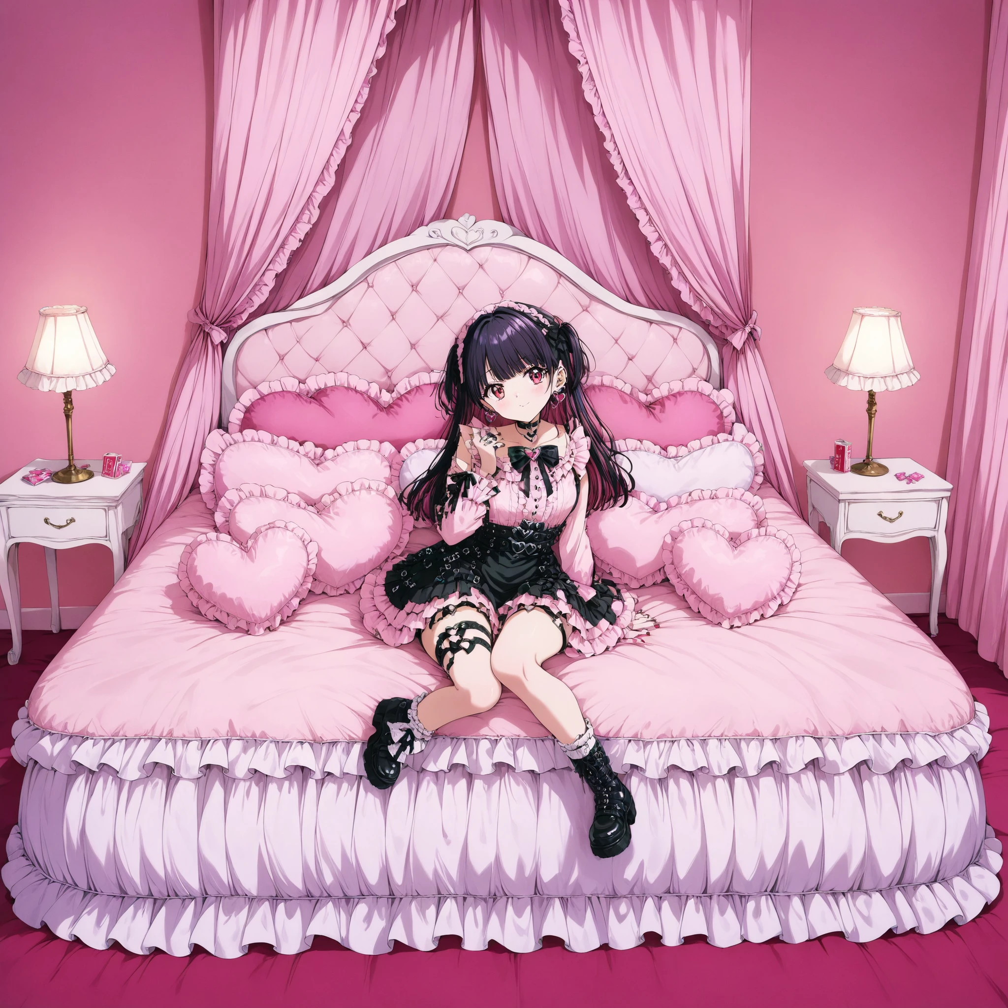 (score_9_, score_8_up, score_7_up, source_anime, 8k, masterpiece, Highest Quality, Super Detailed, so delicate and beautiful, Official Style, depth of field, Very detailed, very aesthetic, complicated, Overall Details, Perfect ), Watch Viewers, ((Faint Light:1.2)), , Walliza , on bed, (Indoor, ホテルof部屋, love hotel, pink wall, Canopy Bed,キングサイズベッド沢山offrills枕,ピンクofベッドシーツ), ( Box,   Wrapper ), (ピンクofスマートフォン, ribbon strap  ), BREAK 1girl, solo, (dark hair, ピンクof髪, そof他of部屋), long hair, two side up, dark hair bow, red eyes, jirai kei, (interracial clothing , ピンクofシャツ, long sleeve, frillsed sleeves), frills, wearing a black bow tie, black skirt,   sblackuspendersheart brooch  , heart earrings, ring, nail polish, PINK NAILS, Black nails, black belt, o-ring thigh strap, 黒ofチョーカー, of