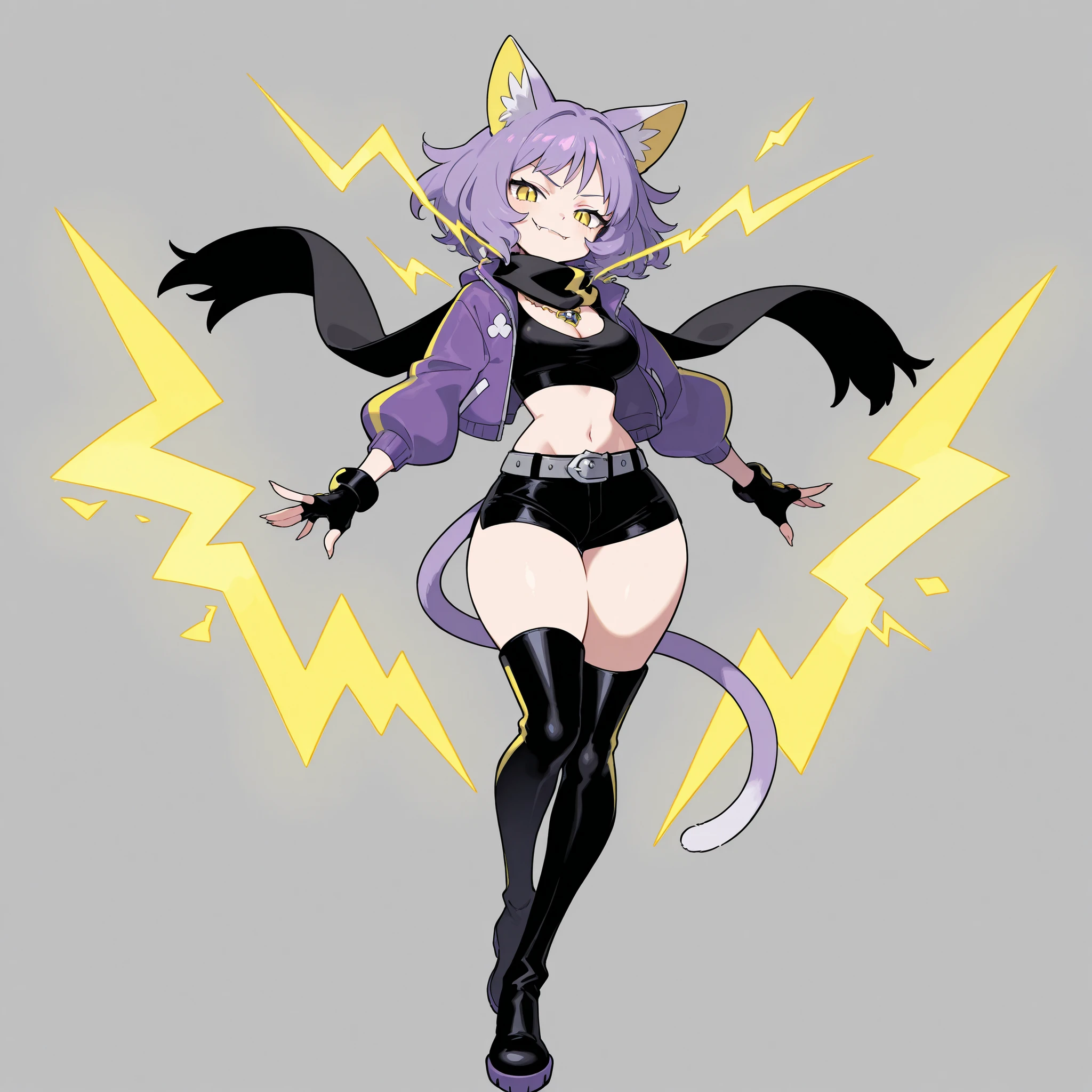 masterpiece, ultra-HD, impressionism, high detail, best quality, very aesthetic, 8K, best quality, beautiful, ultra-high resolution, 32K UHD, sugimorixd, 1girl, solo, short messy purple hair, yellow eyes, slit pupils, cat ears, cat tail, sharp fangs, medium breasts, narrow waist, wide hips, thick thighs, shapely legs, slim, petite, purple jacket, black crop top, cleavage, black scarf, black shorts, purple fingerless gloves, black thigh high boots, belt, necklace, smirk, smug, dynamic pose, full body, yellow lightning, yellow rays, glowing, electric aura, aura, looking at viewer, simple background, front view