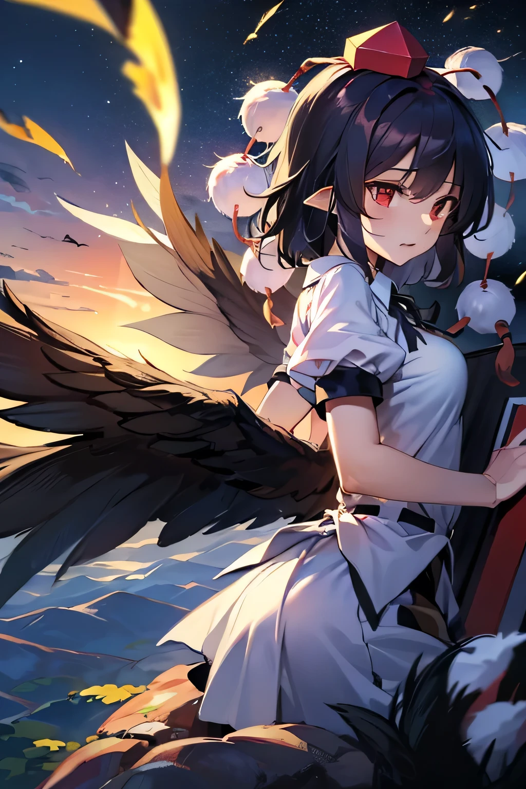 Aya Shameimaru(touhou) Karasutengu Dusk Take the night past midnight
Flying through the night sky
The wind Dredging the ground, rolling through Nobe to his mountain
If there is a laughing gate, double return
With wings that bear disaster on their black backs and confuse with the darkness
Shameimaru Aya flaps her wings in the night sky