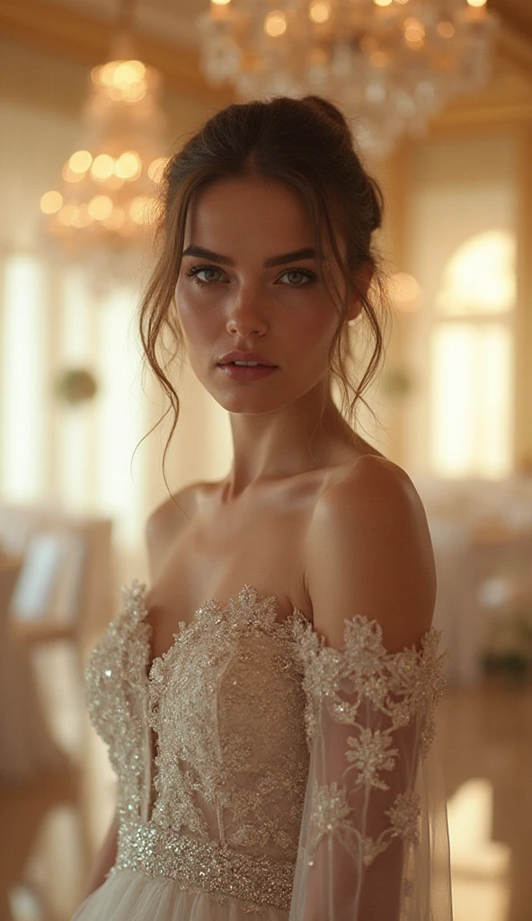 Arafed woman in full ,  girl with blue eyes, ultra realistis, Meticulous detail, portrait sophie mudd, brown hair and large eyes, selfie of a young woman, Dubai's Eyes, violet myers, no makeup, natural makeup, looking straight at camera, face with artgram, fine makeup, Stunning full-length shot, kneeling on the bed, in bedroom, Medium to large size 