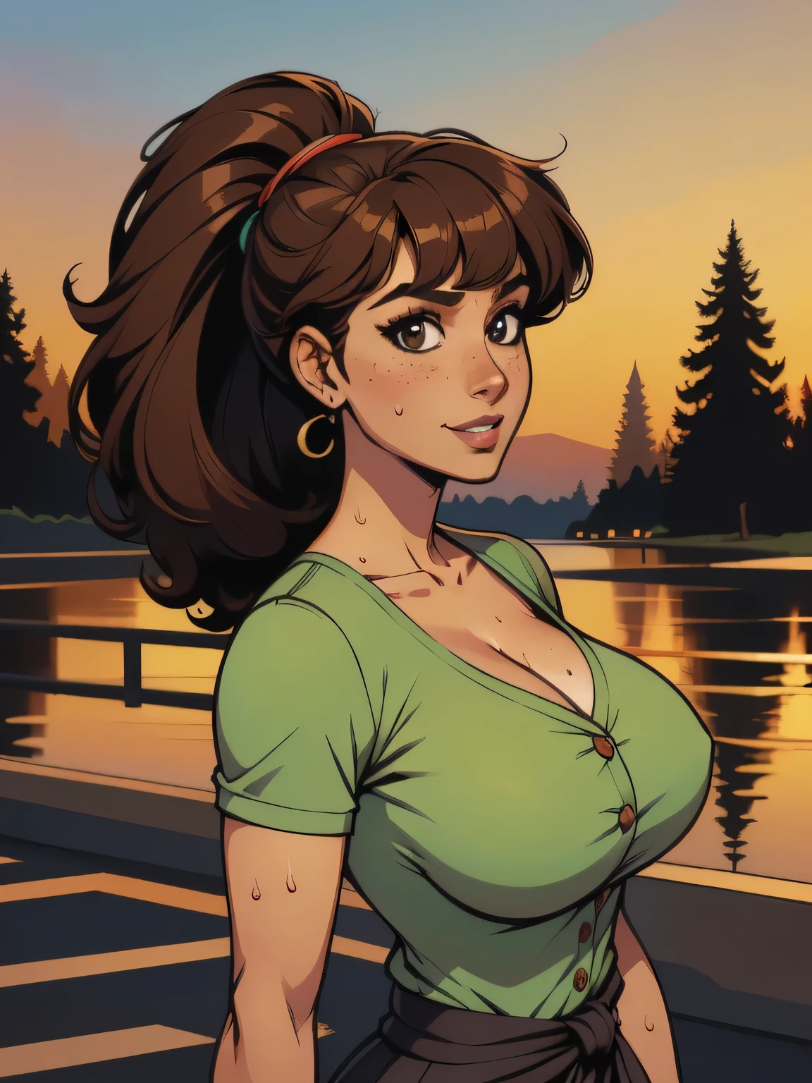 ( linhas absurdas, high definition, ultra fino, be careful with your hand ) Close up of a thin woman , busty and athletic (flight attendant), 25 anos, 16k (( high definition )), sorriso misterioso, olhar sedutor (( looking at the spectator )), olhos verdes, flight attendant usando um blazer verde (( with buttons, gola italiana, mangas longas )) over a green t-shirt (( decote em V )), cintura fina, cinto preto, arms on the sides of her body, pele morena, curly brown hair (( with a ponytail and bangs )), She is alone on a bridge over a river (( upper body, From waist to head, side view 3.4 )), with freckles on the neck and , (( big, round and sweaty 3.4 )), (( Well defined collarbone )). estilo cartoon (( QG )), forest and sunset in the background.