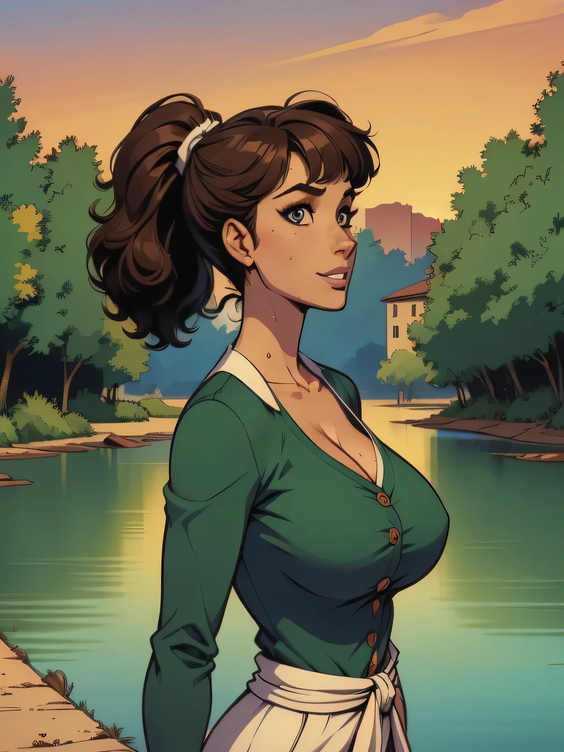 ( linhas absurdas, high definition, ultra fino, be careful with your hand ) Close up of a thin woman , busty and athletic (flight attendant), 25 anos, 16k (( high definition )), sorriso misterioso, olhar sedutor (( looking at the spectator )), olhos verdes, flight attendant usando um blazer verde (( with buttons, gola italiana, mangas longas )) over a green t-shirt (( decote em V )), cintura fina, cinto preto, she holds a pen in her hand, pele morena, curly brown hair (( with a ponytail and bangs )), She is alone on a bridge over a river (( upper body, From waist to head, side view 3.4 )), with freckles on the neck and , (( big round and sweaty 3.4 )), (( Well defined collarbone )). estilo cartoon (( QG )), forest and sunset in the background.