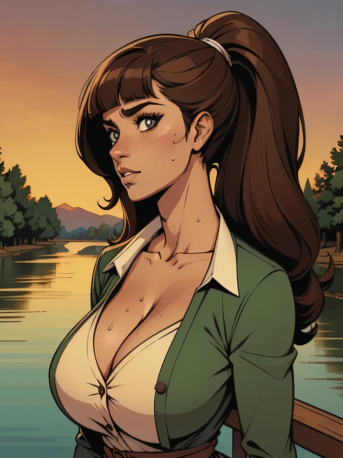 ( linhas absurdas, high definition, ultra fino, be careful with your hand ) Close up of a thin woman , busty and athletic (flight attendant), 25 anos, 16k (( high definition )), semblante pensativo, olhar sedutor (( looking at the spectator )), olhos verdes, flight attendant usando um blazer verde (( with buttons, gola italiana, mangas longas )) over a green t-shirt (( decote em V )), cintura fina, cinto preto, arms on the sides of her body, pele morena, curly brown hair (( with a ponytail and bangs )), She is alone on a bridge over a river (( upper body, From waist to head, side view 3.4 )), with freckles on the neck and , (( big, round and sweaty 3.4 )), (( Well defined collarbone )). estilo cartoon (( QG )), forest and sunset in the background.