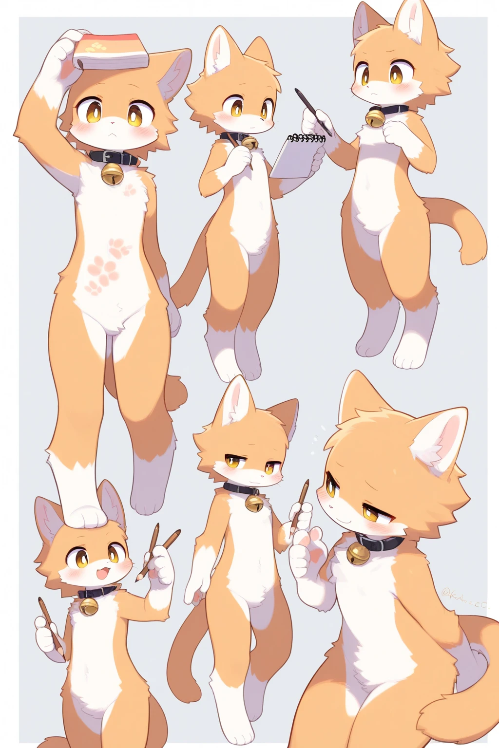 The Q version of the cute furry cat, male, confused expression, hands in , happy, laughing, proud pose,, back view, behind view, rear view, , floppy ear, cute, white background, , , full body, small , small ,