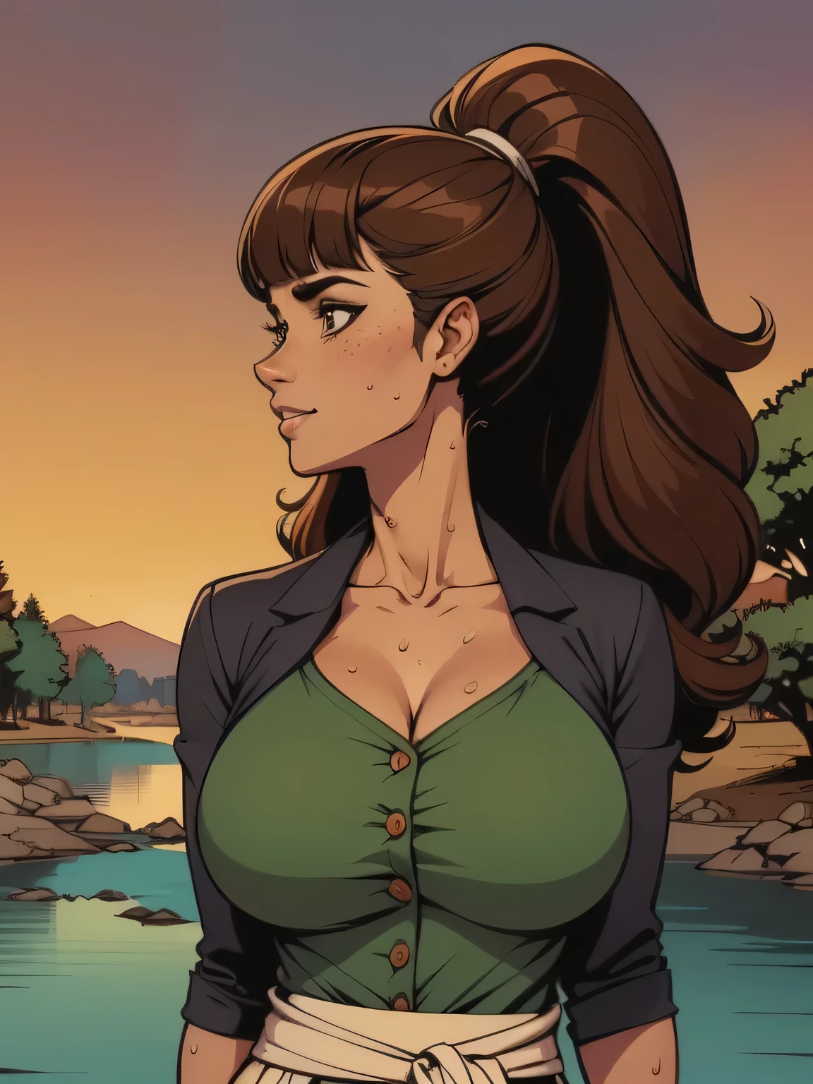 ( linhas absurdas, high definition, ultra fino, be careful with your hand ) Close up of a thin woman , busty and athletic (flight attendant), 25 anos, 16k (( high definition )), sorriso misterioso, olhar sedutor (( looking at the spectator )), olhos verdes, flight attendant usando um blazer verde (( with buttons, gola italiana, mangas longas )) over a green t-shirt (( decote em V )), cintura fina, cinto preto, arms on the sides of her body, pele morena, curly brown hair (( with a ponytail and bangs )), She is alone on a bridge over a river (( upper body, From waist to head, side view 1 .4 )), with freckles on the neck and , (( big round sweaty 1.4 )), (( Well defined collarbone )). estilo cartoon (( QG )), forest and sunset in the background.