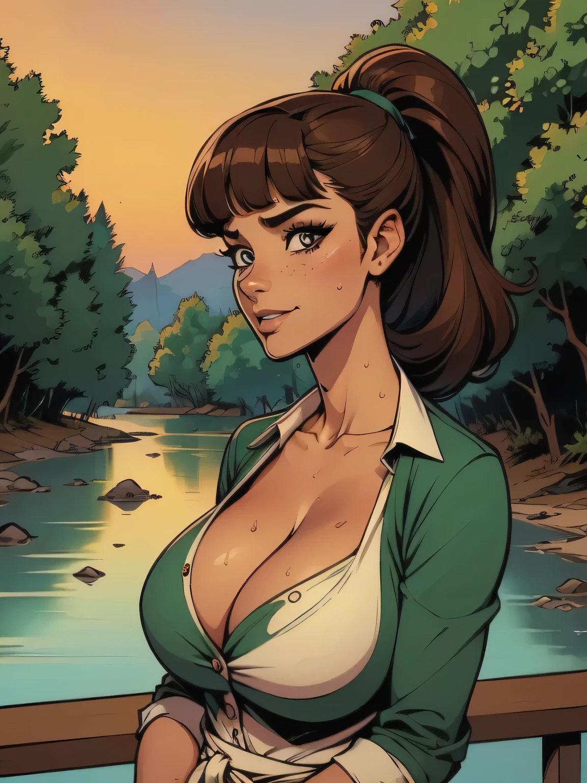 ( linhas absurdas, high definition, ultra fino, be careful with your hand ) Close up of a thin woman , busty and athletic (flight attendant), 25 anos, 16k (( high definition )), sorriso misterioso, olhar sedutor (( looking at the spectator )), olhos verdes, flight attendant usando um blazer verde (( with buttons, gola italiana, mangas longas )) over a green t-shirt (( decote em V )), cintura fina, cinto preto, arms on the sides of her body, pele morena, curly brown hair (( with a ponytail and bangs )), She is alone on a bridge over a river (( upper body, From waist to head, side view 1 .4 )), with freckles on the neck and , (( big round sweaty 1.4 )), (( Well defined collarbone )). estilo cartoon (( QG )), forest and sunset in the background.