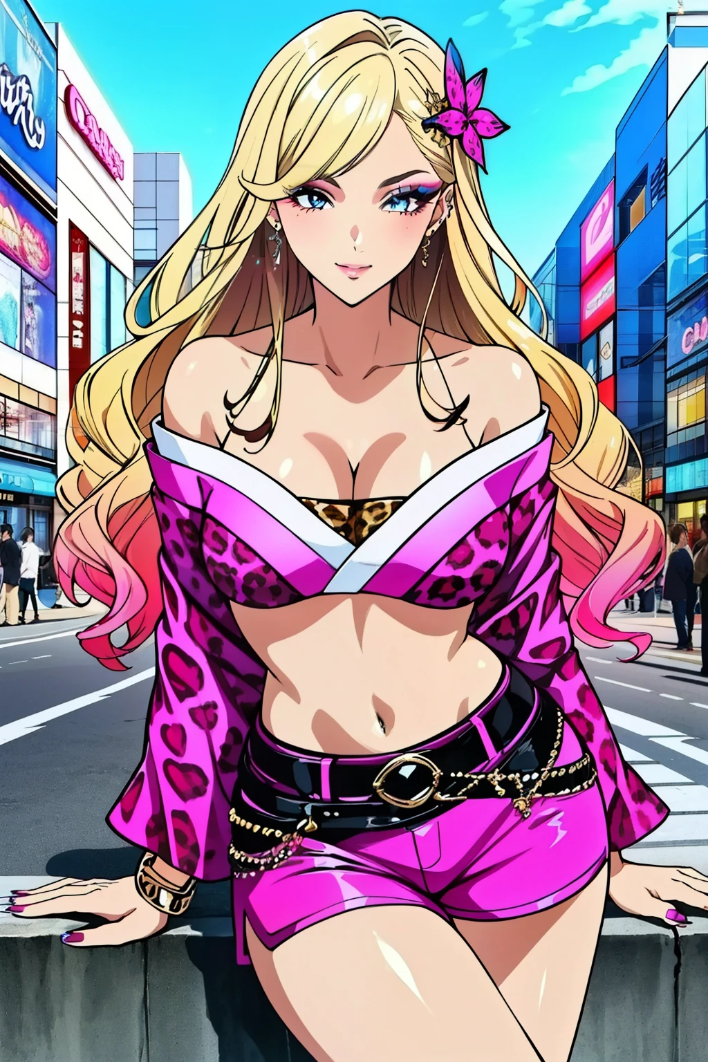 (masterpiece, best quality, high resolution, 8k:1.2), (anime coloring:1.2), highly detailed, sharp detailed, textured skin, soft lighting, ultra high definition, beautiful body, beautiful skin, beautiful breasts, beautiful arms, beautiful hands, beautiful legs, beautiful face, (beautiful eyes, brown eyes), symmetrical eyes, (slim, lanky), (1 girl), (tanned skin:1.1), (gal makeup, false eyelashes, pink gradient eyeshadow), (blonde hair, long hair, wavy hair, hair ornament), (fingernails, nail polish), (collarbone, tattoo, off shoulder, leopard print, navel, shorts, bracelet, jewelry, boots, gal fashion), (japanese city, shibuya city, day, blue sky), (upper body:1.2), smile, looking at viewer, dutch angle, soft gradient eyeshadow, subtle fine shimmer, seamless blend, two-tone layered eyeshadow technique,