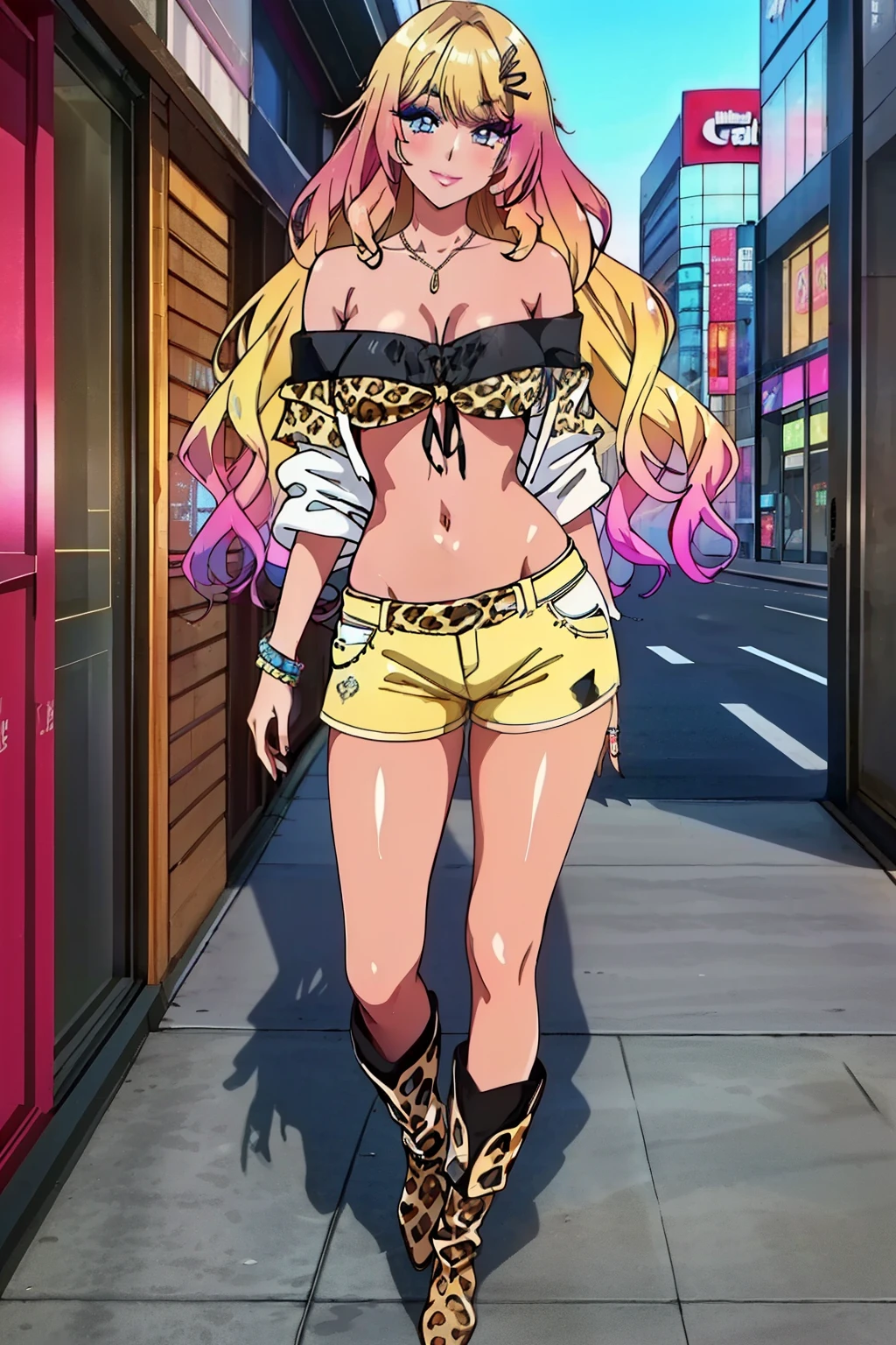 (masterpiece, best quality, high resolution, 8k:1.2), (anime coloring:1.2), highly detailed, sharp detailed, textured skin, soft lighting, ultra high definition, beautiful body, beautiful skin, beautiful breasts, beautiful arms, beautiful hands, beautiful legs, beautiful face, (beautiful eyes, brown eyes), symmetrical eyes, (slim, lanky), (1 girl), (tanned skin:1.1), (gal makeup, false eyelashes, pink gradient eyeshadow), (blonde hair, long hair, wavy hair, hair ornament), (fingernails, nail polish), (collarbone, tattoo, off shoulder, leopard print, navel, shorts, bracelet, jewelry, boots, gal fashion), (japanese city, shibuya city, day, blue sky), (upper body:1.2), smile, looking at viewer, dutch angle, soft gradient eyeshadow, subtle fine shimmer, seamless blend, two-tone layered eyeshadow technique,