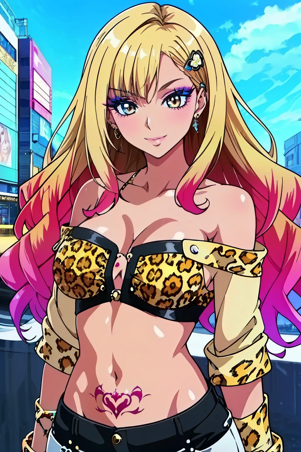 (masterpiece, best quality, high resolution, 8k:1.2), (anime coloring:1.2), highly detailed, sharp detailed, textured skin, soft lighting, ultra high definition, beautiful body, beautiful skin, beautiful breasts, beautiful arms, beautiful hands, beautiful legs, beautiful face, (beautiful eyes, brown eyes), symmetrical eyes, (slim, lanky), (1 girl), (tanned skin:1.1), (gal makeup, false eyelashes, pink gradient eyeshadow), (blonde hair, long hair, wavy hair, hair ornament), (fingernails, nail polish), (collarbone, tattoo, off shoulder, leopard print, navel, shorts, bracelet, jewelry, boots, gal fashion), (japanese city, shibuya city, day, blue sky), (upper body:1.5), smile, looking at viewer, dutch angle, soft gradient eyeshadow, subtle fine shimmer, seamless blend, two-tone layered eyeshadow technique,