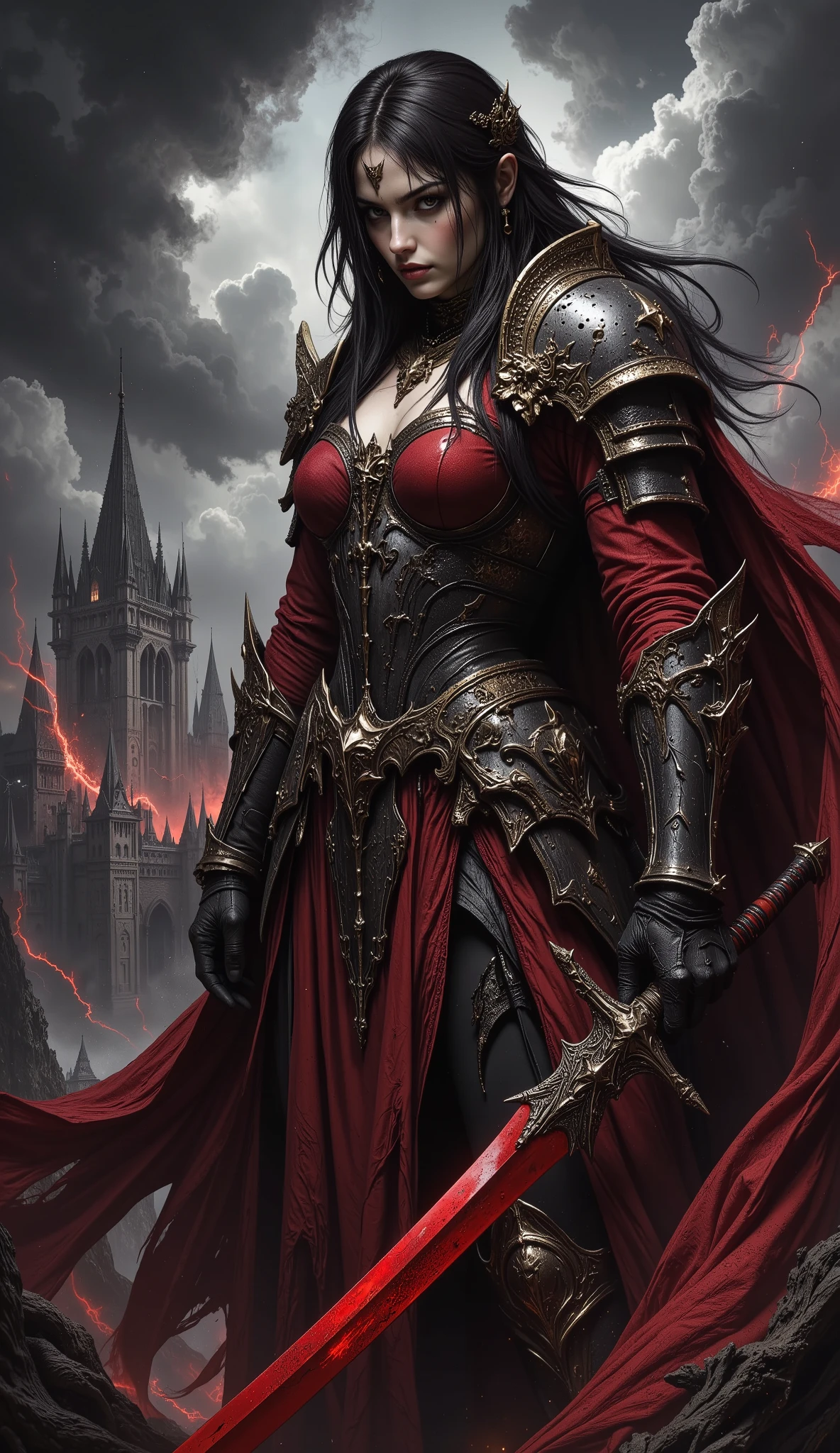 high quality,4K, detailed description, Realistic, Arbitrage, Intense Red Color, Musa, Woman with a weapon, Set a determined expression, Battle Readiness, Traditional armor, Sword Dressing, Red Sword, medieval castle, Stormy Sky, Black clouds , lightning, Violent Environment, Overwhelming Atmosphere