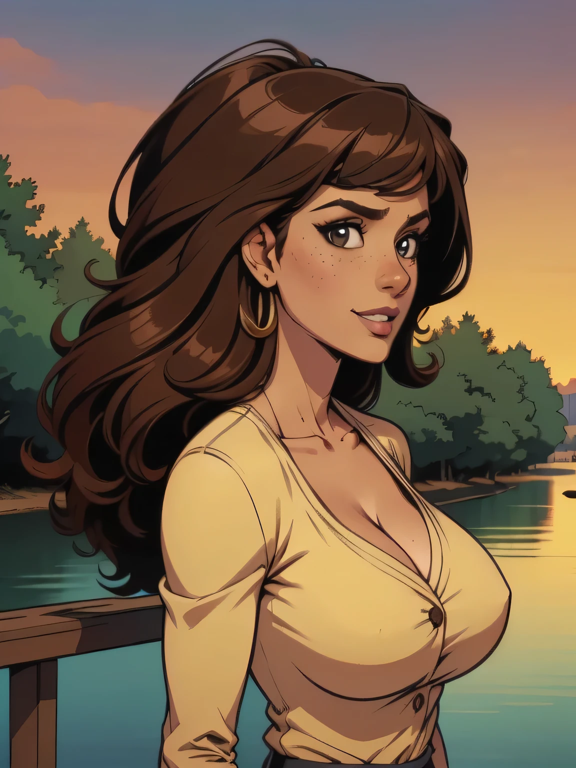 ( linhas absurdas, high definition, ultra fino, be careful with your hand ) Close up of a thin woman , busty and athletic (flight attendant), 25 anos, 16k (( high definition )), sorriso misterioso, olhar sedutor (( looking at the spectator )), olhos verdes, flight attendant usando um blazer verde (( with buttons, gola italiana, mangas longas )) over a green t-shirt (( decote em V )), cintura fina, cinto preto, arms on the sides of her body, pele morena, curly brown hair (( with a ponytail and bangs )), She is alone on a bridge over a river (( upper body, From waist to head, side view 3.4 )), with freckles on the neck and , (( grandes, redondos e suados 3.4 )), (( Well defined collarbone )). estilo cartoon (( QG )), forest and sunset in the background.