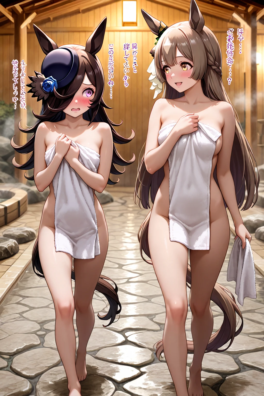 rice shower \(umamusume\),, onsen, hot spring bath, bathhouse, pathway next to bath, walking, side by side, talking, casual conversation, traditional Japanese architecture, steam rising, soft ambient lighting.
Rice Shower, shy, embarrassed, blushing, covering front with towel, towel wrap, holding towel tightly.
satono diamond,completely naked, full nudity, bare, unclothed, holding towel in hand, towel held casually, no shame, confident expression, relaxed.
Detailed, high quality, expressive faces, realistic lighting, soft focus background, best quality, master piece.