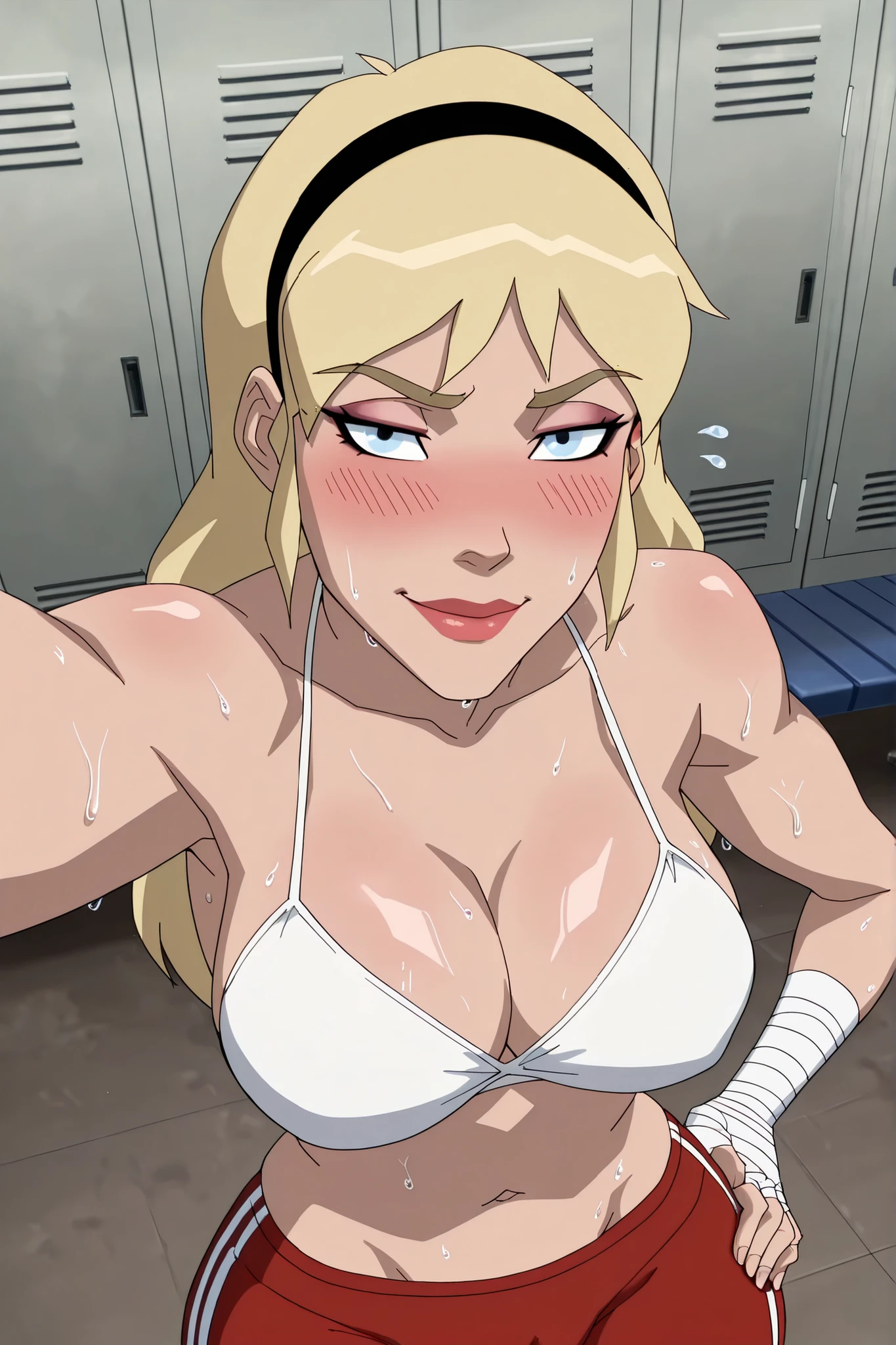 BREAK, score_6_up, score_7_up, score_8_up, score_9, 1girl, solo, long hair, blonde hair, blue eyes, lipstick, makeup, black hairband, g1rlsl, very large breasts, busty, cleavage, curvy, athletic, looking at viewer, seducing viewer, teasing viewer, seductive expression, smiling, closed mouth, white bikini top, red workout shorts, white hand wraps, indoors, locker room, standing, closeup, portrait, upper body, high-angle view, red eyeshadow, black mascara, blushing, sweaty, sweat drops, wet skin, shiny skin, cameltoe, thick thighs, wide hips, hand on waist