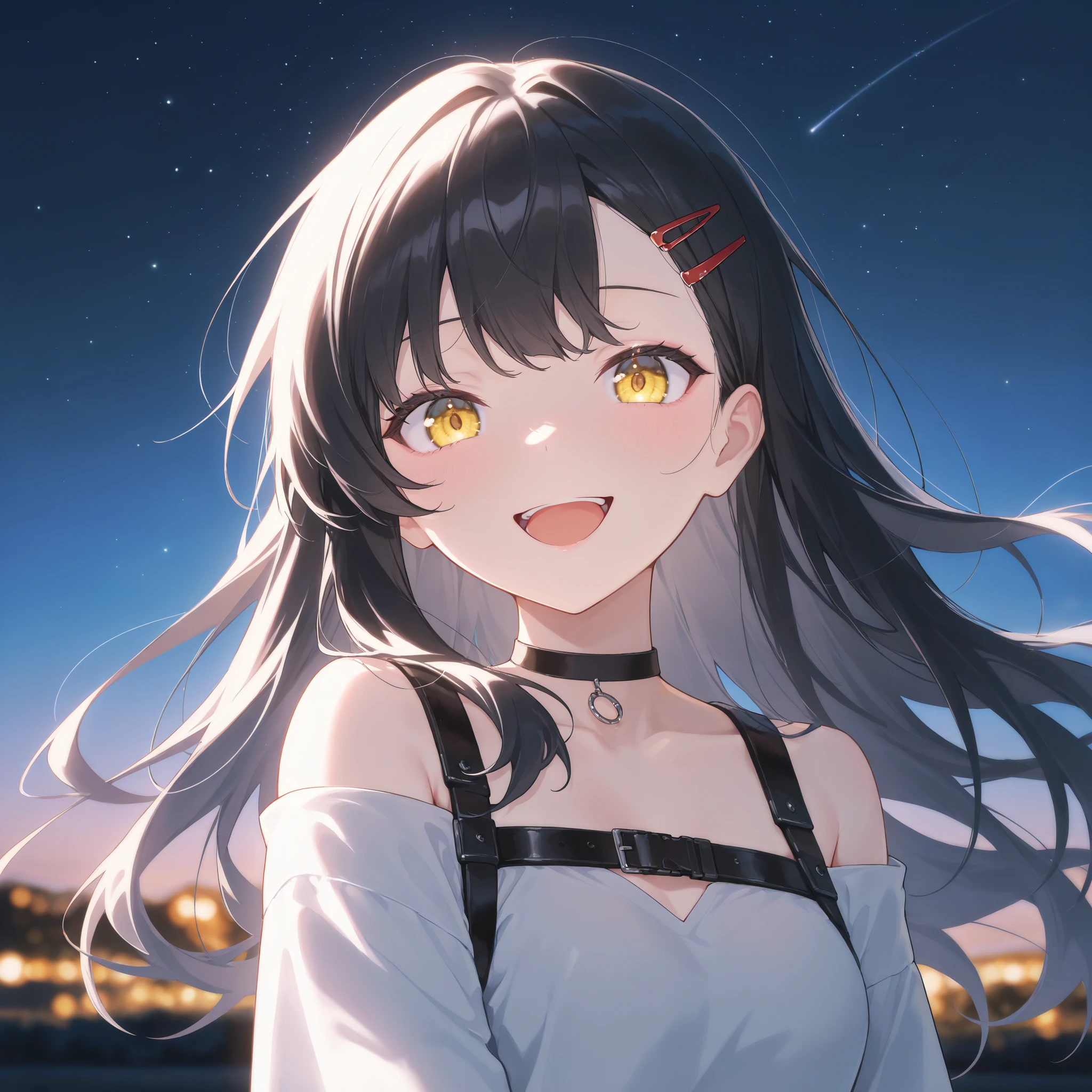 score_9, score_8_up, score_7_up, masterpiece, best quality, detailed face, 1 girl, solo, beautiful, modest , slender body, mature, light makeup, adorable, open mouth, grinning,
shiraisihi an, long hair, black hair, hair ornament, red hairpin, yellow eyes, black choker, off-shoulder shirt,  belt, Outdoor background, starry sky, happy, windy, hair flow, night, depth of field, bloom, soft lighting, best composition, looking at viewer, from the front, dynamic, character focus, close up 