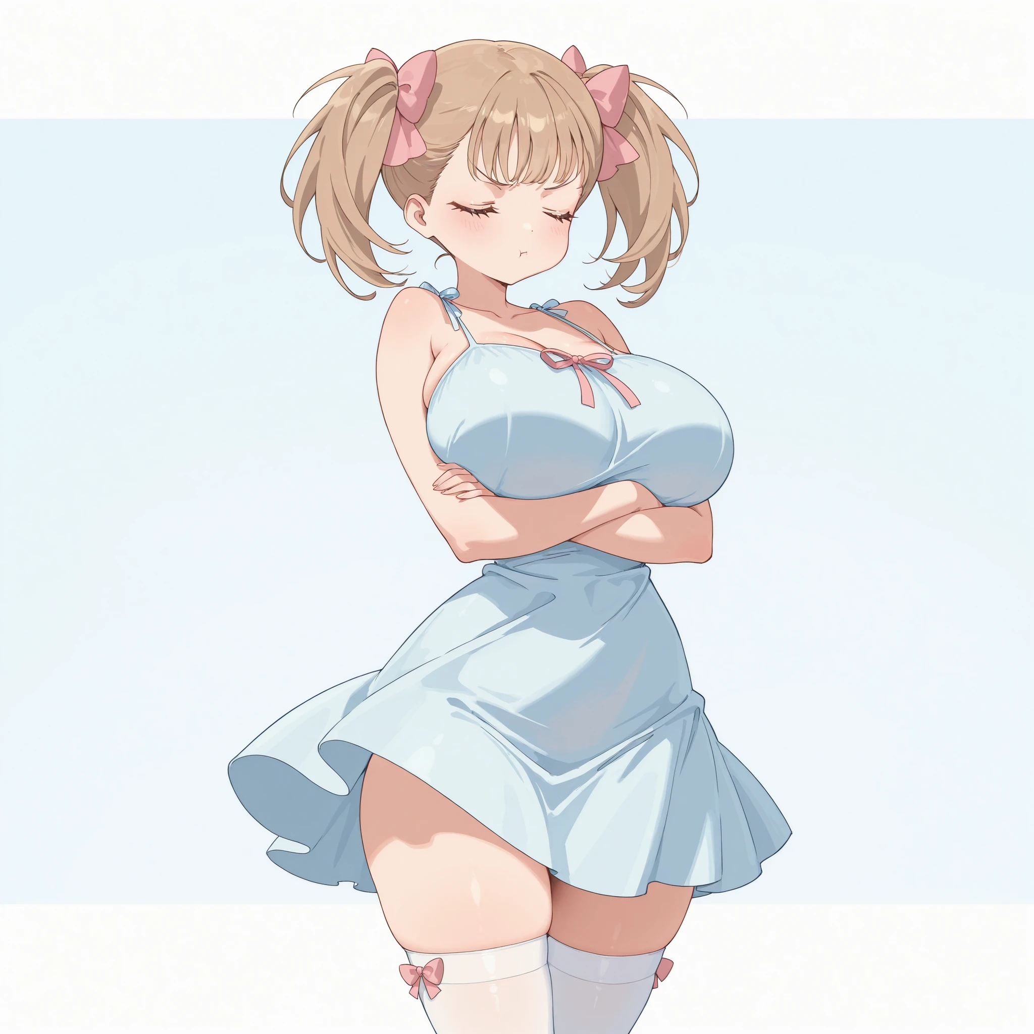 masterpiece, ultra-HD, impressionism, high detail, best quality, very aesthetic, 8K, best quality, beautiful, ultra-high resolution, 32K UHD, 1girl, solo, Rumi, light brown hair, twin pigtails, middle bangs, pink ribbons, hair ribbons, closed eyes, eyelashes, , narrow waist, wide , thick thighs, shapely legs, slim, sky blue sundress, shoulders, white thigh high socks, blushed, pout, cute, crossed arms, standing, looking away, simple background, front view