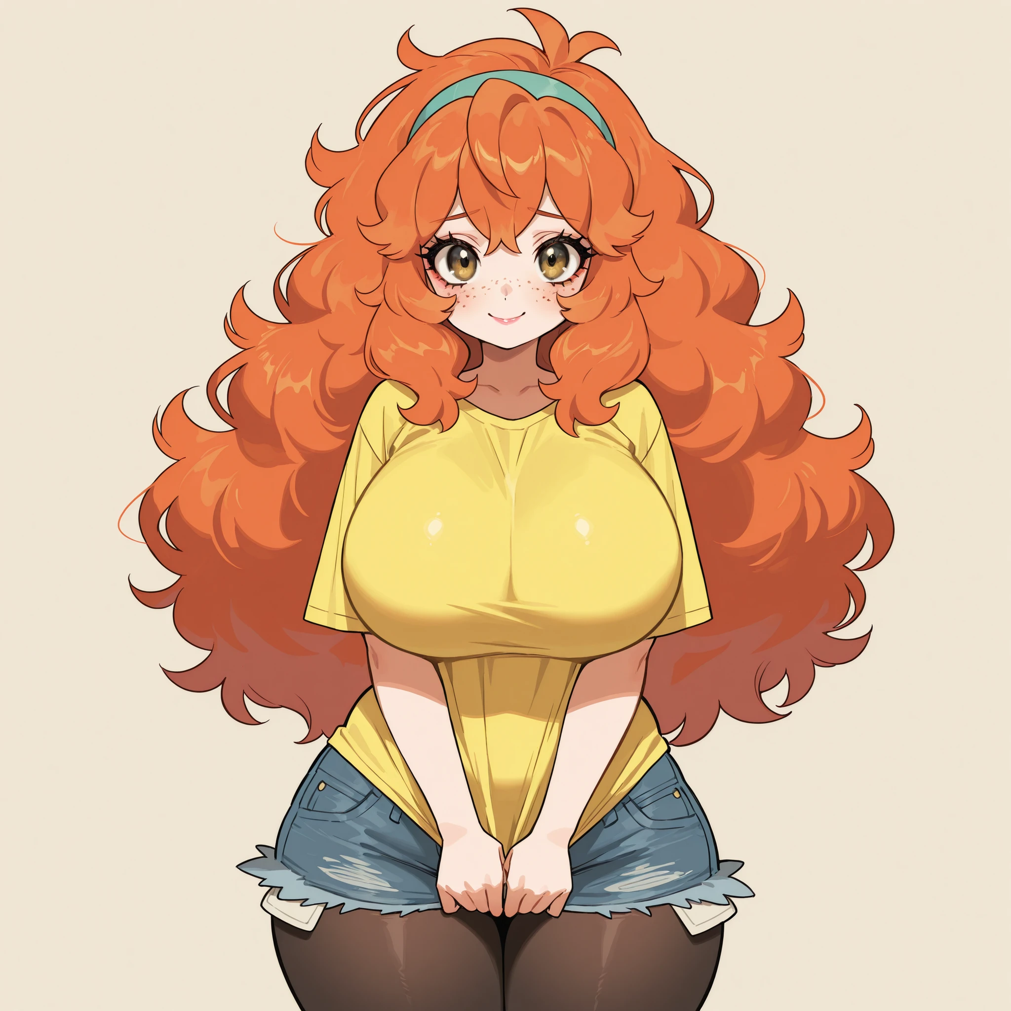 masterpiece, ultra-HD, impressionism, high detail, best quality, very aesthetic, 8K, best quality, beautiful, ultra-high resolution, 32K UHD, sugimorixd, 1girl, solo, long wavy orange hair, fluffy hair, yelloe eyes, eyelashes, eyeliner, pink lips, freckles, huge breasts, narrow waist, wide hips, thick thighs, shapely legs, chubby, yellow baggy t-shirt, denim shorts, black pantyhose, blushed, smile, shy, cute, standing, looking at the viewer, simple background, front view