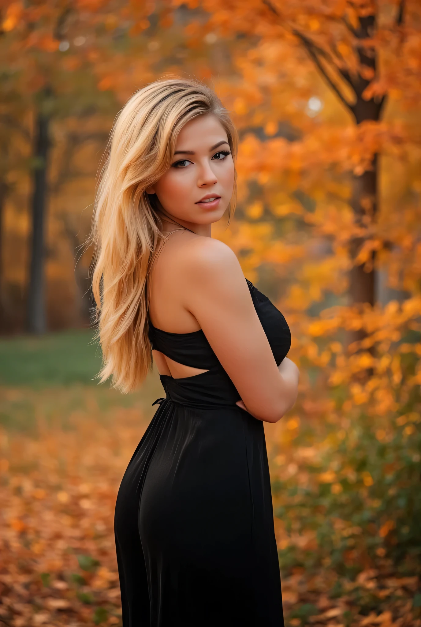 Jennette McCurdy with loose blond hair wearing a black evening dress, autumnal background, foto tomada con filtro de los 80's