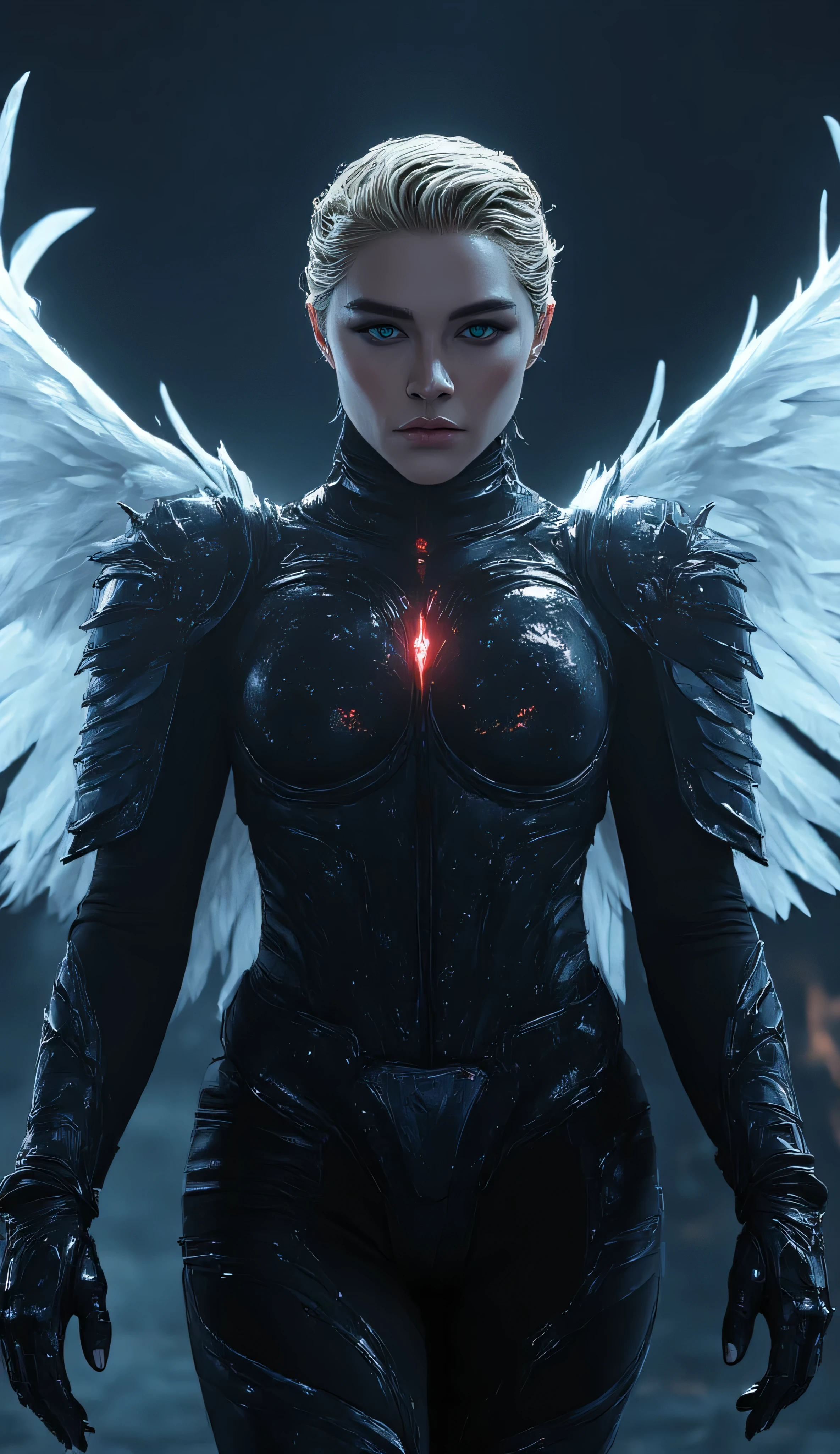 Florence Pugh as Dame Aylin, futuristic cybernetic angel warrior, glowing blue eyes, wearing sleek black armored bodysuit, luminous red energy core, intricate cracks on her face glowing faintly, large white feathered wings extended, short blonde asymmetrical haircut, standing, dramatic pose, against a dark sci-fi background, powerful and intimidating presence, cinematic science fiction illustration, ultra-detailed, photorealistic, 4k