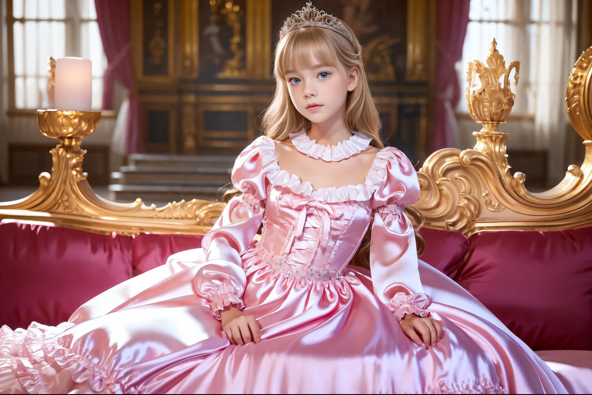 ,,Highest Quality, masterpiece, highest resolution, art work, super それにget used to it, many get used to it, get used to it, それにget used to it, 3k photos,((12-year-old girl:1.0)),is short,super fine young face,LOTS OF PRINCESS GIRLS,((Shiny Hot Pink Silk Satin Long Ball Gown Princess Dress:1.2)),(((long dress with large round puff sleeves))),((legs hidden in a plump dress)),((Ruffled yoke collar)),((Ruffle sleeves)),((((long sleeve)))),((Princess Satin Dress with lots of ruffles and bows in Lolita style details:1.0)),(((Everyone wears gorgeous tiaras))),((lace corset with ribbon)),Rococostita Fashion,shiny satin dress,Soft and Smooth Fabric,luxury,long blonde hair,blue eyes, WHITE SKINED EUROPEAN , in a gorgeous palace ,