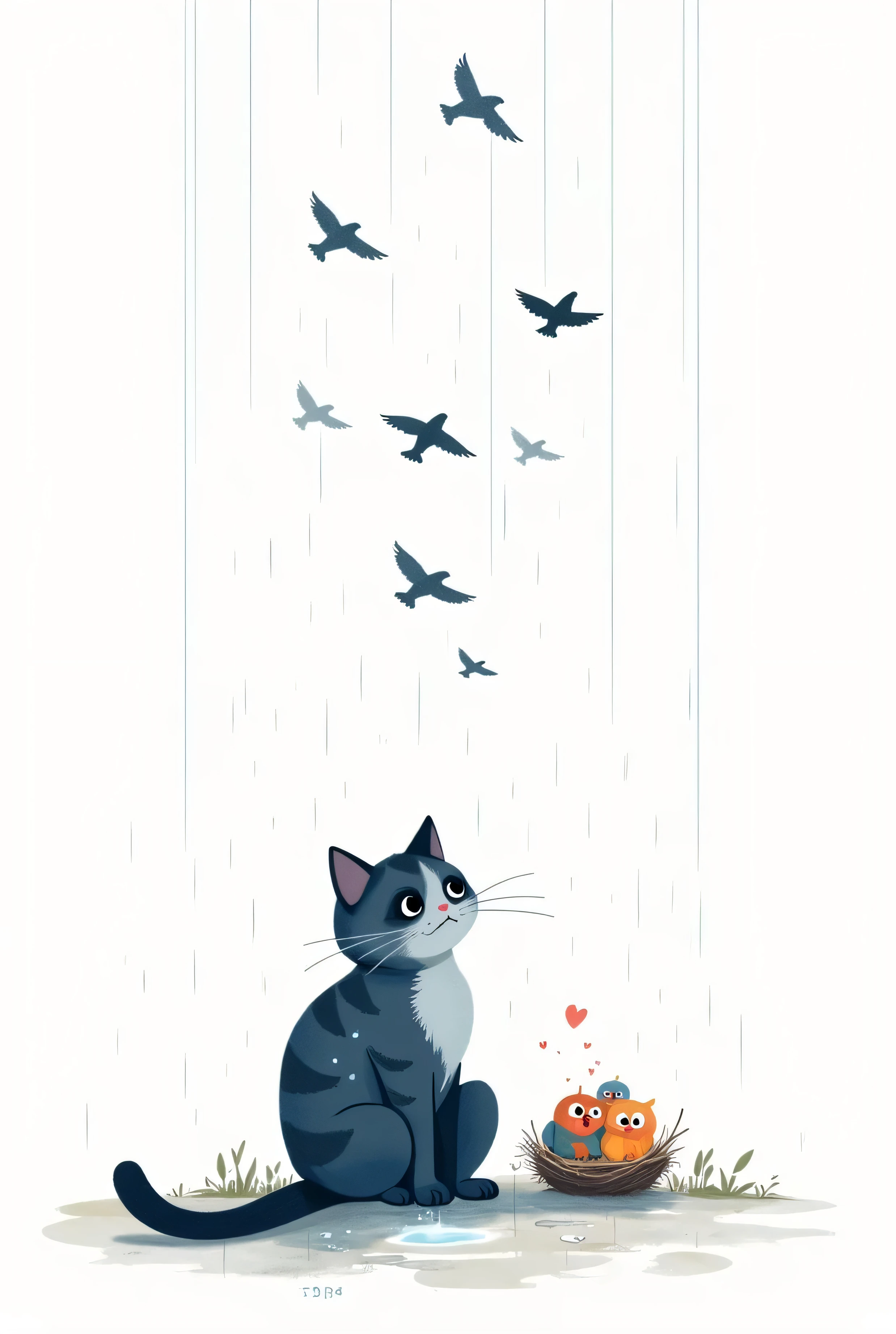prompt:
The cat sitting back in the same place on a rainy day, soaked, but still looking down the road with sad eyes, realistic style or soft watercolor, blue-grey tone
🗣️ Text:
"still... The cat is waiting for.
Because you believe that love always returns."
"Minimalist line art of birds flying in a perfect V-formation against a plain white background, clean and elegant."
"Cartoon-style drawing of a family of happy birds in their nest, with big, expressive eyes and bright colors."