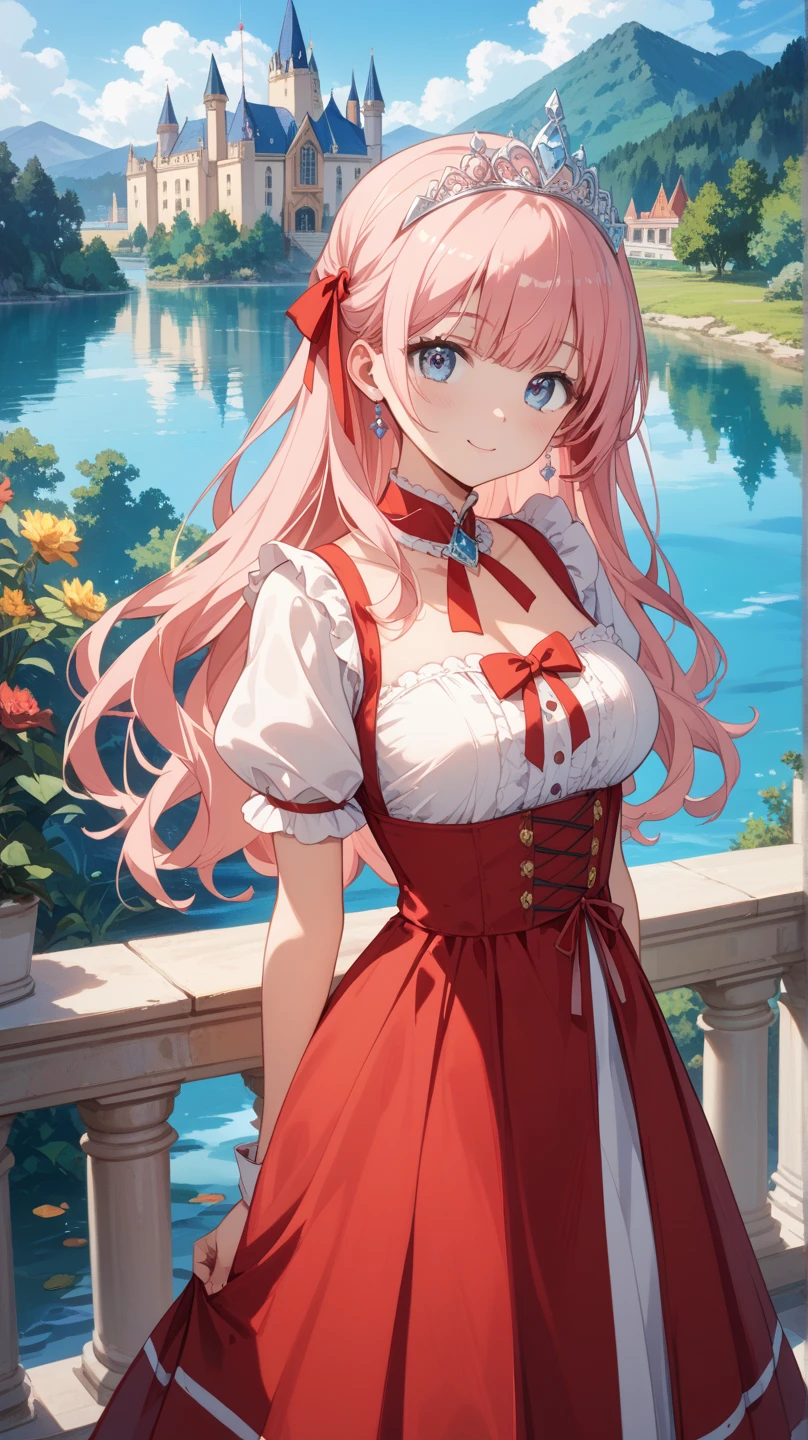 (masterpiece, best quality, detailed), 1girl, solo, looking at the sky
ElfGirl, reddish orange hair, left hair pigtail tied with two flowers, light blue eyes, smile, closed mouth, huge breasts, lightblue flower at side of hair, (pink unifrom, white gloves, pink pantyhose), outdoors,  rooftop, day, cityscape, blue sky, cloud, scenery, railing, arms onward