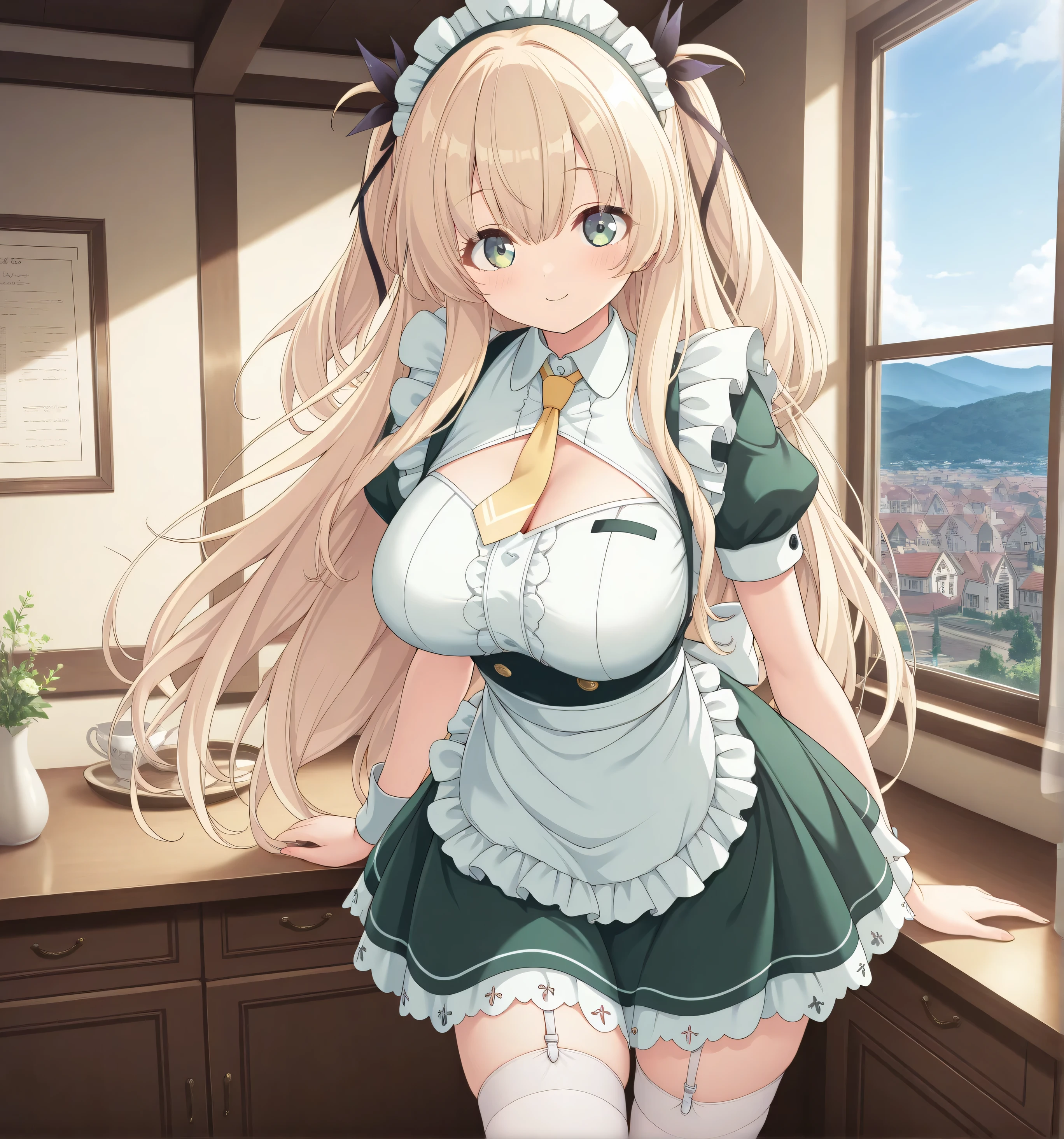 masterpiece, best quality, highres, scenery, newest, 1girl, official style, ren, blonde hair, green eyes, two side up, hair_ribbon, large breasts, green maid dress, frillls, puffy sleeves, white collared shirt, cleavage cutout, apron, yellow necktie, garter straps, white thighhighs, looking at viewer, smile, cute pose
