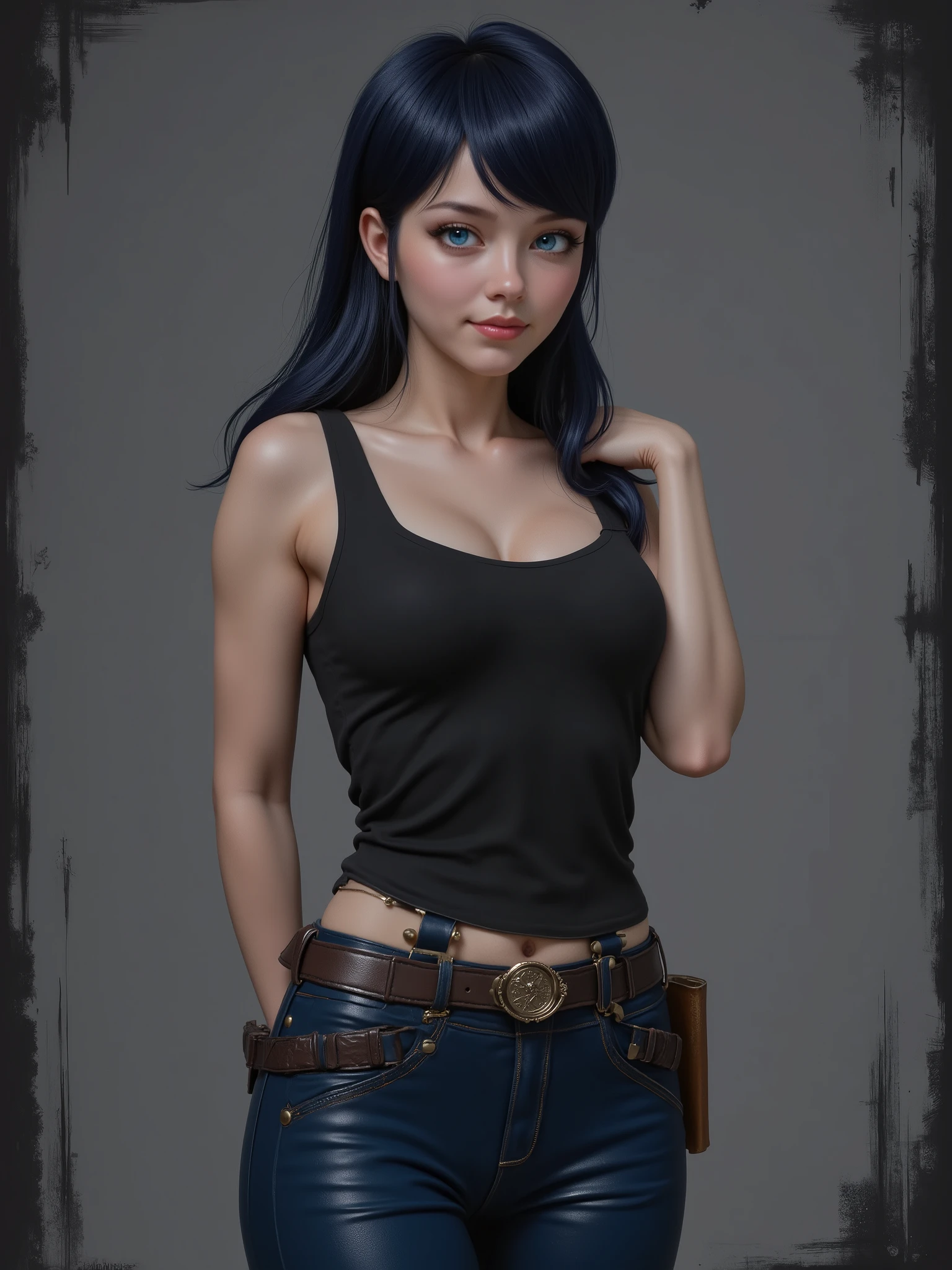 marinette Dopanchan, A very beautiful and cute 22 year old woman with a slight smile. (((Shy smile))), sharp focus on the face, (((Western eyes:1.5))), (((Extremely detailed ice-blue eyes, beautiful eyes, beautifully detailed eyes))), (((delicately detailed thin pink lips))), (((long hair, shiny hair))), (((black medieval steampunk style sleeveless t-shirt))), (((Dark Blue medieval steampunk style leather warrior pants))), (((full body view, dynamic pose, standing:1 . 5, graceful pose))), (((The background is Dark Gray and painted with expressive, visible textures using dynamic brushstrokes and strokes that add depth and movement. The paint covers only the area just behind the subject. The outer edges of the image with black margins, as if the background had been painted with a brush and with expressive and visible textures using dynamic brushstrokes and strokes fading toward the edges creating a modern and artistic vignette effect))). Cinematic lighting, soft depth of field, (((masterpiece/high resolution/Best Quality/top quality/high quality/UHD/16k quality))), sharp focus, no blur, film grain, bokeh.