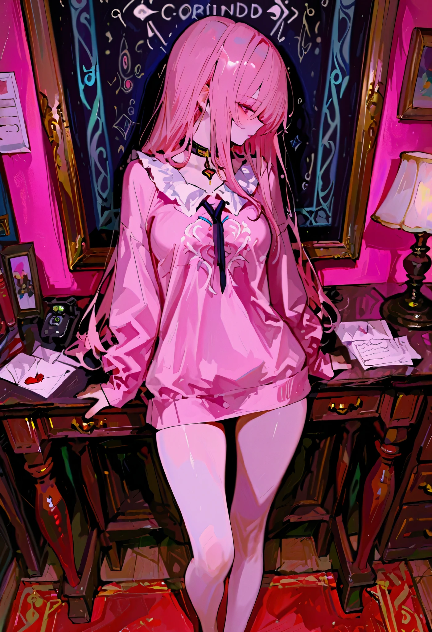 bela, fantastic, Dreamy feeling, 3D digital anime style bedroom art, cabelo longo, cabelo liso, bela, and deep 3D digital anime style bedroom art, letters Hello in neon colors on the background, beautiful woman's profile, sorrindo, franzindo, sorrindo, perfil de mulher, pale pink cheek, 18 year old gothic style blouse and choker, large pink sweatshirt, Professional HRD physical base rendering, standing up, full body, medium hips, small breasts