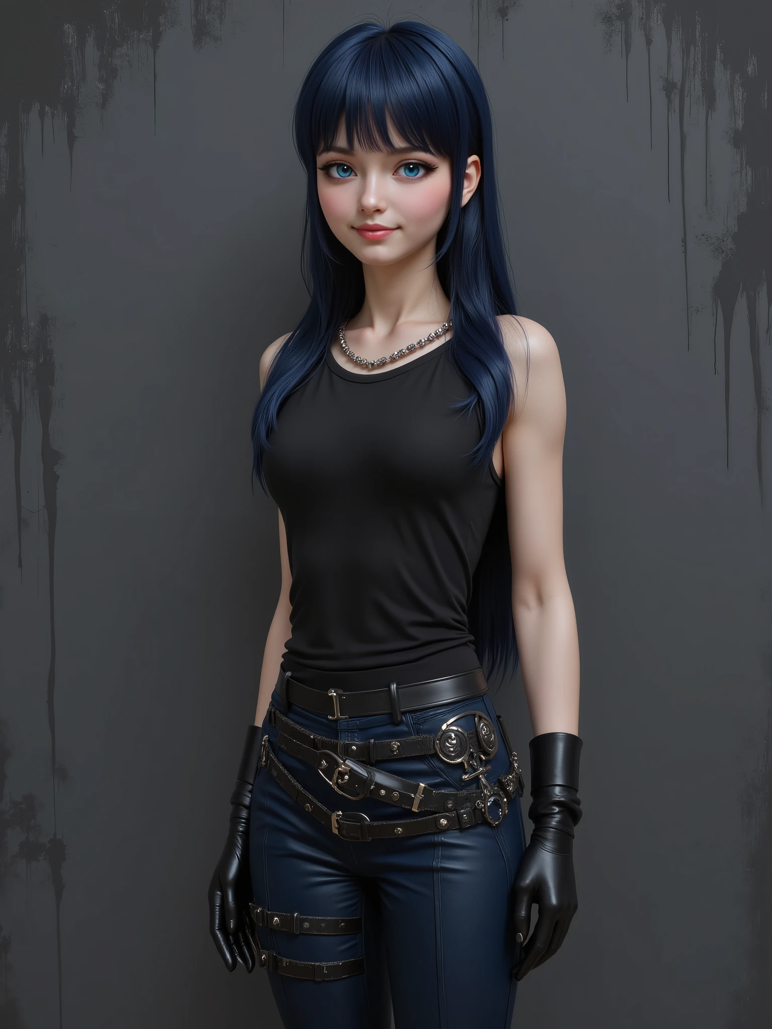 marinette Dopanchan, A very beautiful and cute 22 year old woman with a slight smile. (((Shy smile))), sharp focus on the face, (((Western eyes:1.5))), (((Extremely detailed ice-blue eyes, beautiful eyes, beautifully detailed eyes))), (((delicately detailed thin pink lips))), (((long hair, shiny hair))), (((black medieval steampunk style sleeveless t-shirt))), (((Dark Blue medieval steampunk style leather warrior pants))), (((full body view, dynamic pose, standing:1 . 5, graceful pose))), (((The background is Dark Gray and painted with expressive, visible textures using dynamic brushstrokes and strokes that add depth and movement. The paint covers only the area just behind the subject. The outer edges of the image with black margins, as if the background had been painted with a brush and with expressive and visible textures using dynamic brushstrokes and strokes fading toward the edges creating a modern and artistic vignette effect))). Cinematic lighting, soft depth of field, (((masterpiece/high resolution/Best Quality/top quality/high quality/UHD/16k quality))), sharp focus, no blur, film grain, bokeh.