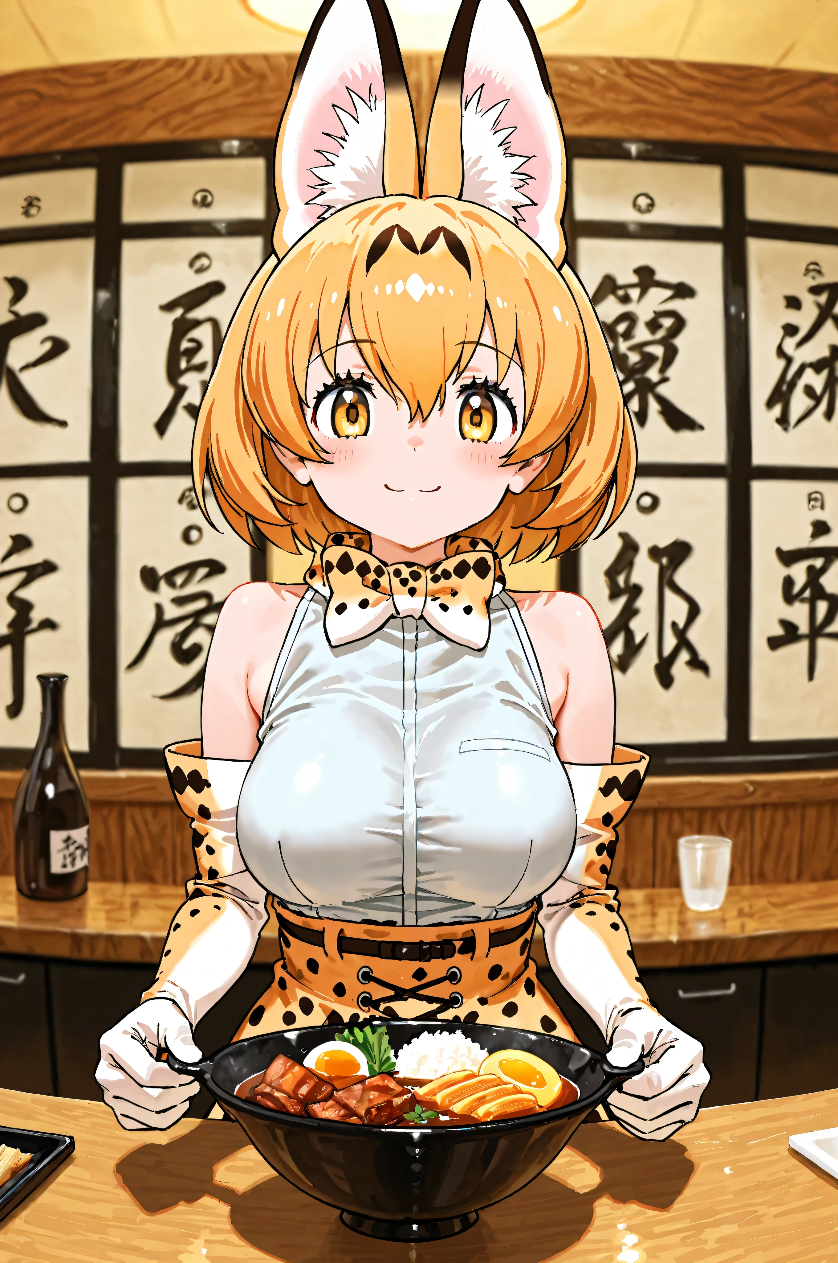 masterpiece、high quality、On the border（Lemono Friends bicolor hair）、pouring sake into a bowl at a Japanese izakaya bar、 wears a kitchen suit、Smile Yan、Izakaya counter、