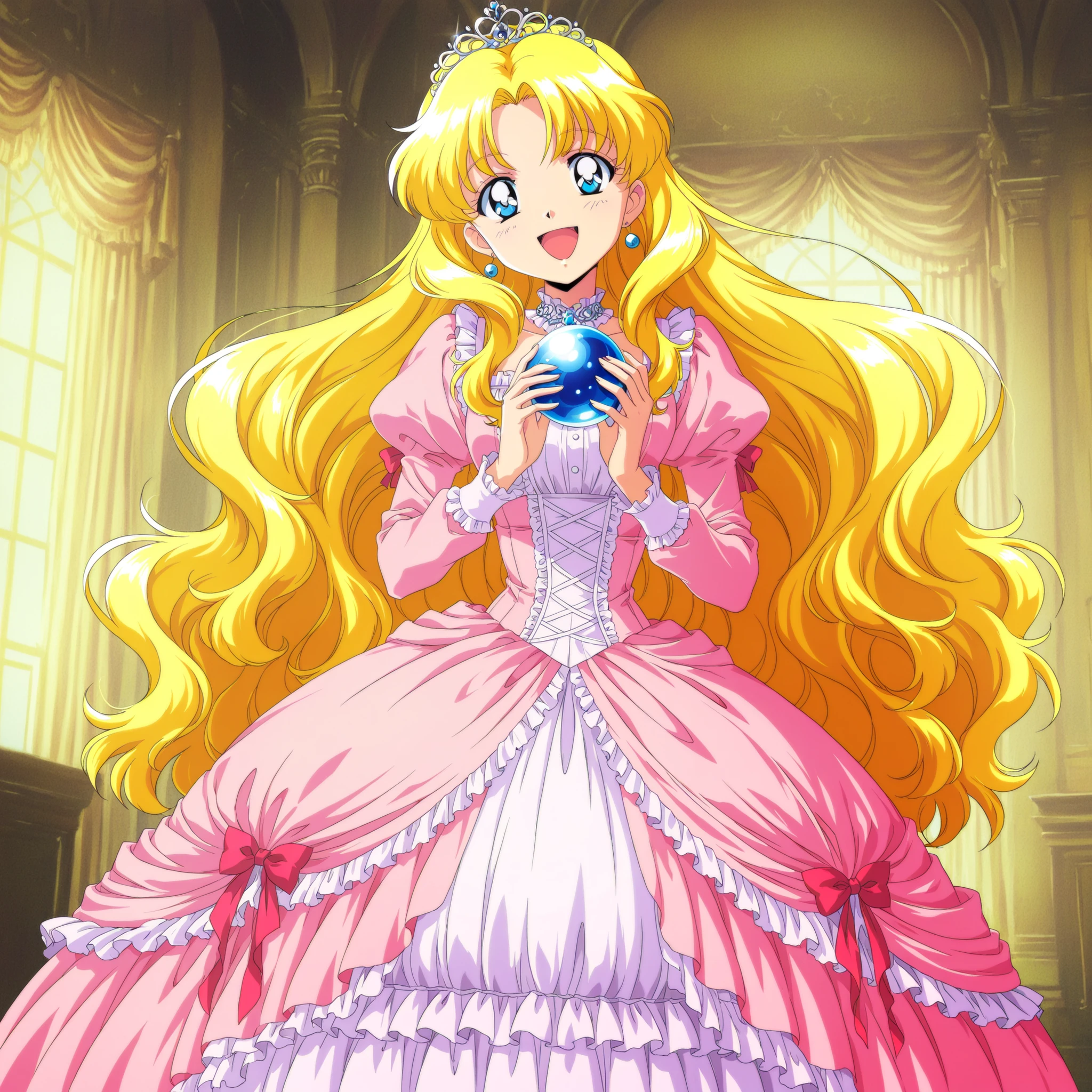 masterpiece, so beautiful, (Anime Coloring, animated screenshot), Official Art, Illustration, 90s Anime Style,
1girl, solo,masterpiece, Highest Quality, Ridiculous, Official Art, Official Style, Cute Princess, she's laughing,((blue silk satin victorian style big ball gown dress.:1.0)),short,long sleeve,The dress is adorned with lots of ruffles and ribbons., they have long blond wavy hair that is waist-length,They wear a princess tiara on their head,I'm wearing a princess tiara on my head,Detailed background 1.0