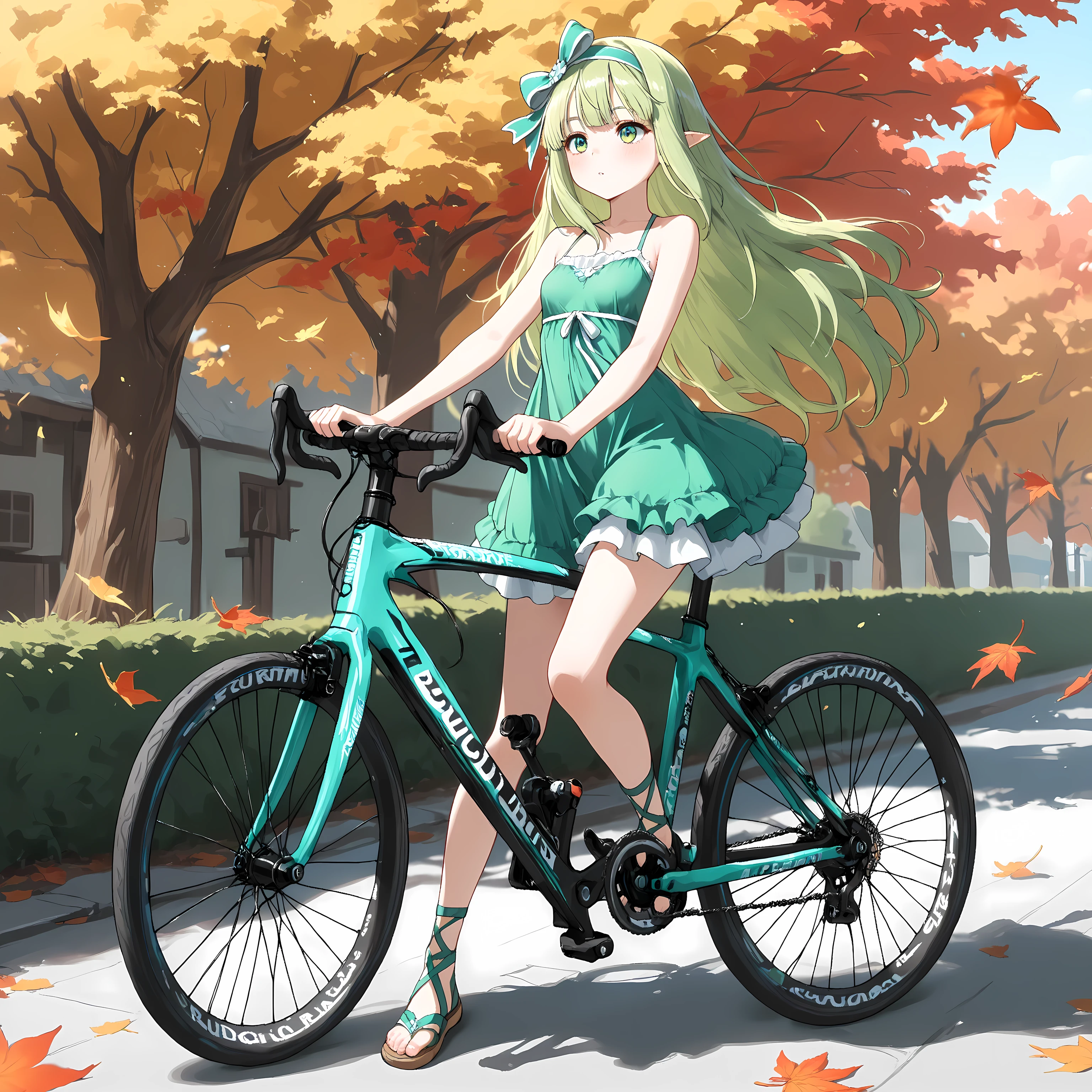best quality, amazing quality,masterpiece,absurdres,ultra detailed,high detail eyes,eye_focus,1 girl,orphia-default,green eyes,green hair,long hair,hair bow,hairband, pointy ears, bare shoulders,small breasts,dress camisolar, green dress,Thin strap sandals,fullbody,cycling, on the street, autumn, falling leaves