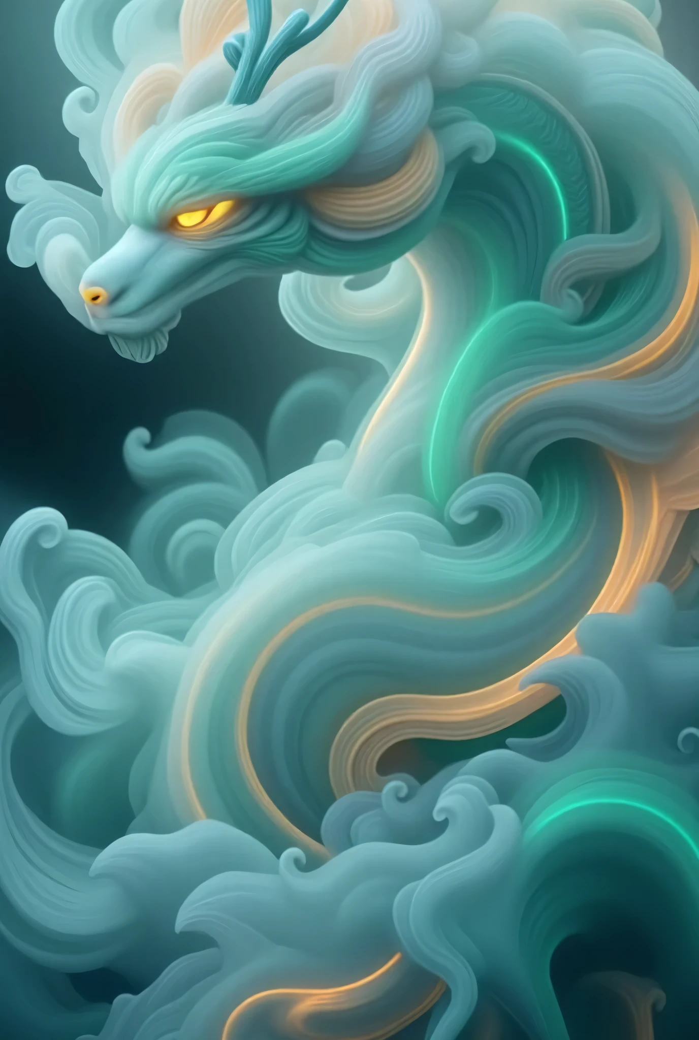 A radiant cloud of shimmering, dark-colored smoke swirls and glows, filling the air with an ethereal light. Suddenly, from within the luminous haze, a sleek green chinese dragon with glowing eyes and white long beard leaps forward, its fur gleaming like polished moonlight. The creature moves with grace and mystery, its eyes reflecting the colors of the mist as it emerges into the open.
