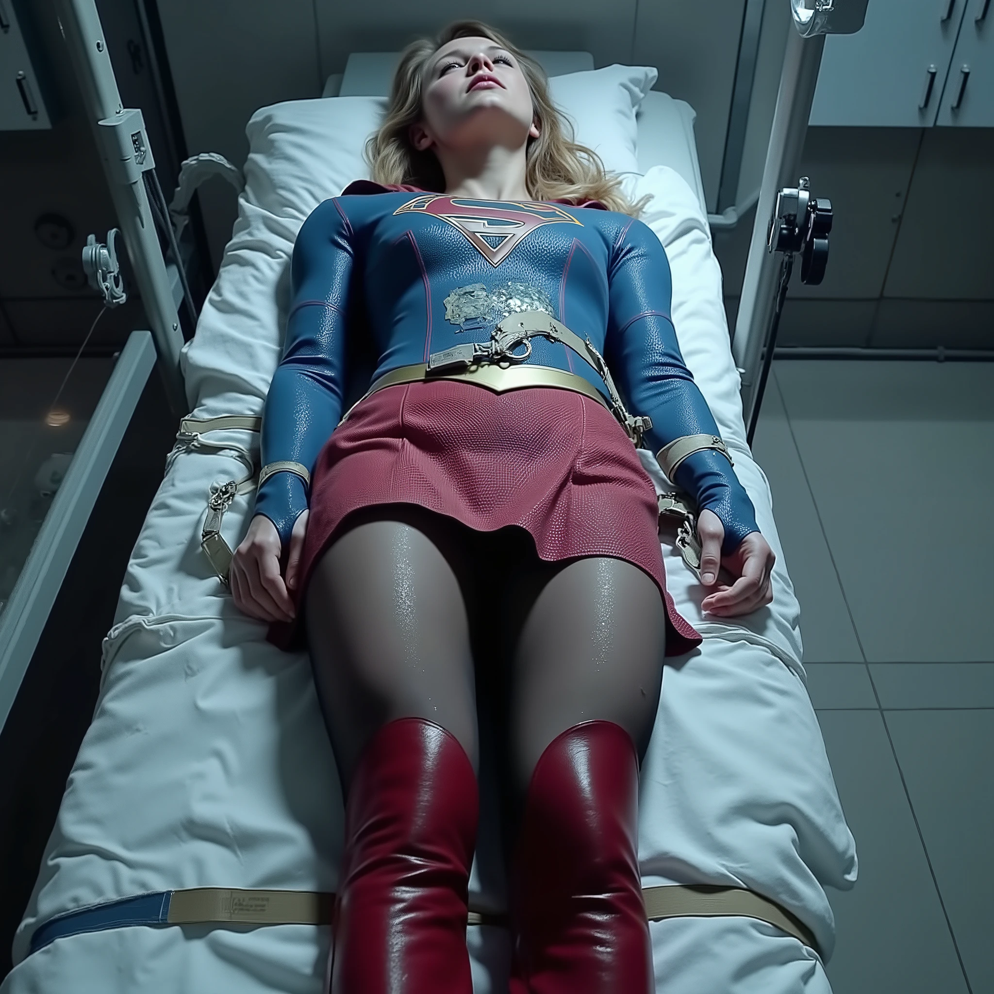 Supergirl is loss of conscious on the bed in the laboratory, she has a very bright white skin, can see whole body, She is wearing a Supergirl costume with a blue shirt, red skirt and thin black pantyhose, very short red skirt, torn clothes, red knee height long boots, blonde hair, handcuffed to the bed, restraint to the bed by metal locking device, eyes close, painful face, a lot of cum on her clothes, cum on her legs, photorealistic, view from cieling,