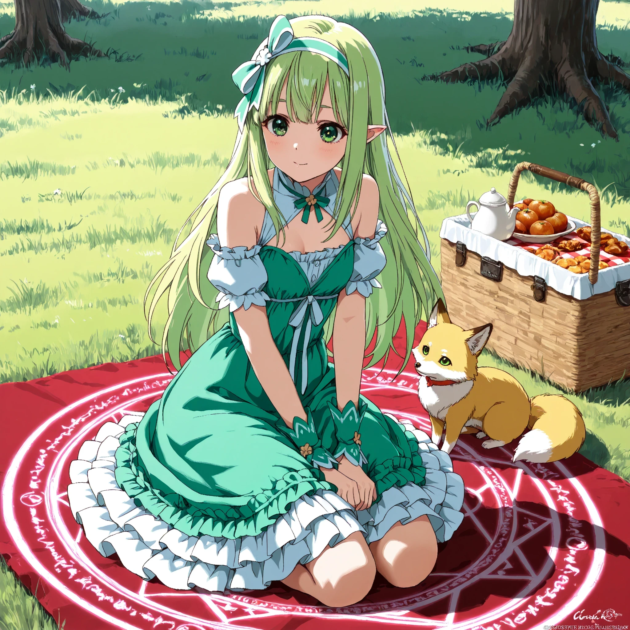 best quality, amazing quality,masterpiece,absurdres,ultra detailed,high detail eyes,eye_focus,1 girl,orphia-default,green eyes,green hair,long hair,hair bow,hairband, pointy ears, bare shoulders,small breasts,dress camisolar, green dress,fullbody,sit on carpet, picnic, create magic circle, summon snow fox