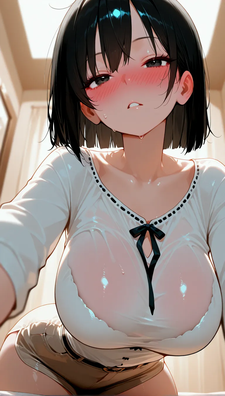 (head shot:1.2), (from above:1.2), frame in, from right in front of face and body, view straight on, upper body, High quality, very high res, High quality, very high res, cute girl, brown hair, forehead, blunt bangs, bob cut, blush, Brushed up bangs, wearing a plain t-shirt, shirt lift, ??????????????, pale pink ???????, I can see your belly button, (kneeling down pose), (a lot of ??? on face:1.3), (??? in hair:1.2), pleated skirt, at office