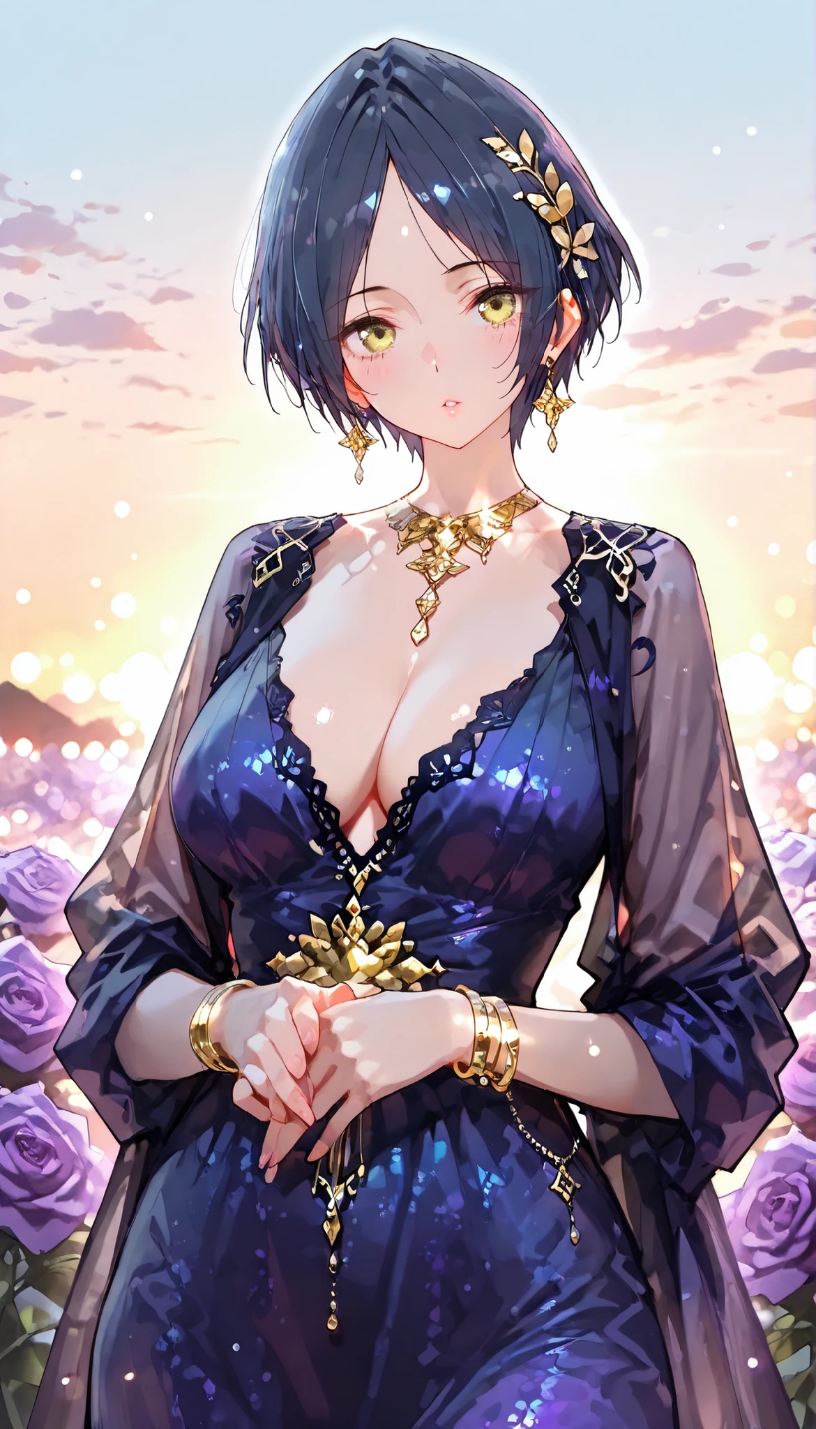 (Best Quality, ultra detailed, masterpiece, 8k, 16k, Wallpaper, Anatomically correct, fine detailed skin, fine detailed eyes, fine detailed hair, fine detailed hands, Accurate hands), 1girl, elegant pose, (hayami kanade), solo, Tilt Head, medium chests, wearing  An indigo blue dress heavily decorated with gold, (Surrounded by purple roses), purple Petals fluttering, Parted Lips, gorgeous gold necklace, gold Hair Ornaments, gold bracelets, gold earrings, dark, (twilight lighting), (mysterious atmosphere), ((Outdoor)), looking at Viewer, light particles, Depth of Field, bokeh, moya, lens flare, film reflections, 