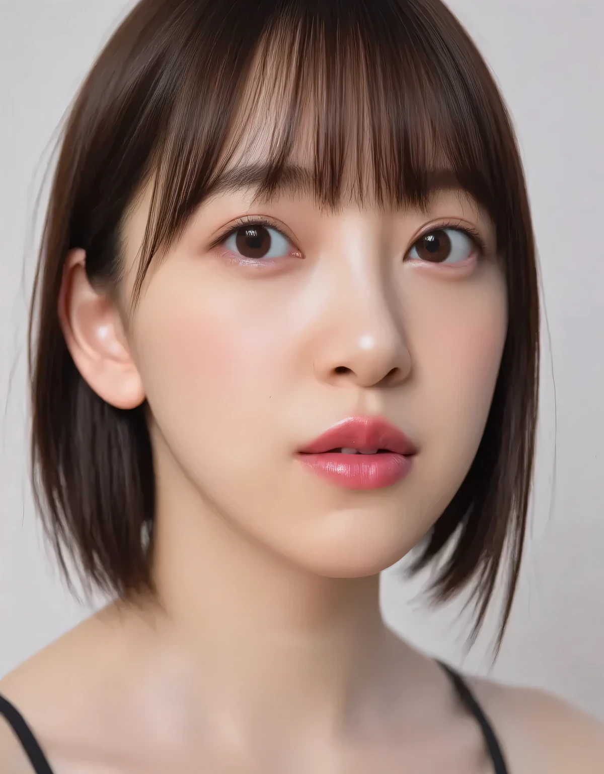 Beautiful Young Woman, Euphoric Smile , Extremely pouty lips, lips pushed forward, Lipsきつくキスしたくなるような口元, Lips、sharp O-shaped with a soft texture, Exaggerated Kiss Face, heart shaped lips , super glossy pink lips, red face, Red ears, Black Camisole, I can see my collarbone, close-up, facing upward, whole head in frame, soft studio lighting, Extremely pursed lips, Protruding Lips , Strong Gloss on the lips, moist lips, lips focus, plump lips, Smooth skin with a soft texture, Slightly downy hair, skin pores are subtly visible, strong feeling of love, face is slightly tilted back
