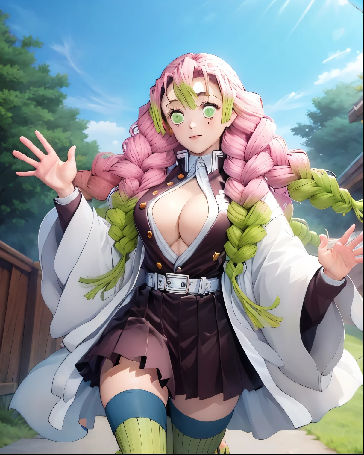 masterpiece, best quality, highres, aamitsuri, long hair, braid, multicolored hair, green eyes, mole under eye, big breasts, sexy, japanese clothes, cleavage, white jacket, haori, black shirt, open clothes, belt, pleated skirt, (black skirt:1.2), green thighhighs, ribbed legwear, standing, full-body composition, outdoors, waving