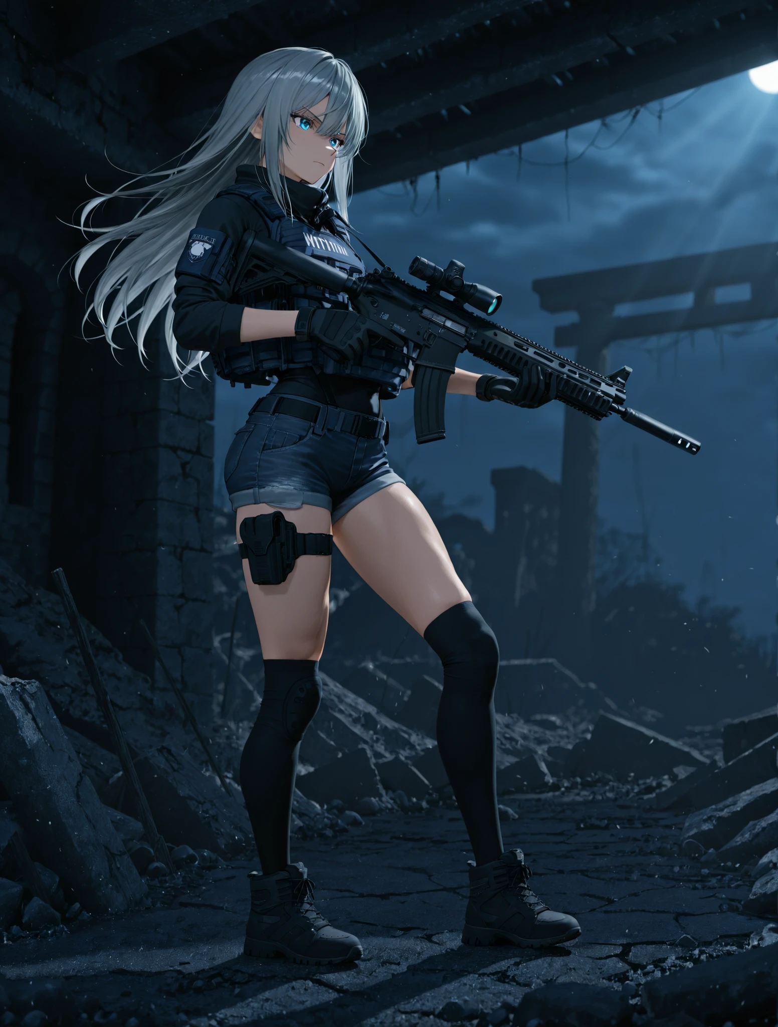 Girl Using a Gun、
（1 girl）,  Serious Expression、 ( long gray hair that reaches the shoulders：1.5),  blue eyes ,  cute face、Blue Tactical Vest 、 black gloves、Black Knee Socks、Hot Pants、Fluttering Hair with Handprints、Assault Rifles、   Intense expression、Fierce Battle Scene、dramatic lighting、bright color、 Strong Brushwork  、High Contrast Dynamic Poses 、Detailed hands and weapons、dynamic poses
High Resolution , masterpiece,  anatomically, 人体anatomically anatomically, 
anime,  
Assault Riflesを構えているポーズ, 
Highest Quality, high definition model, super anatomically, 3d rendering,Battlefield Background、 Ancient Ruins