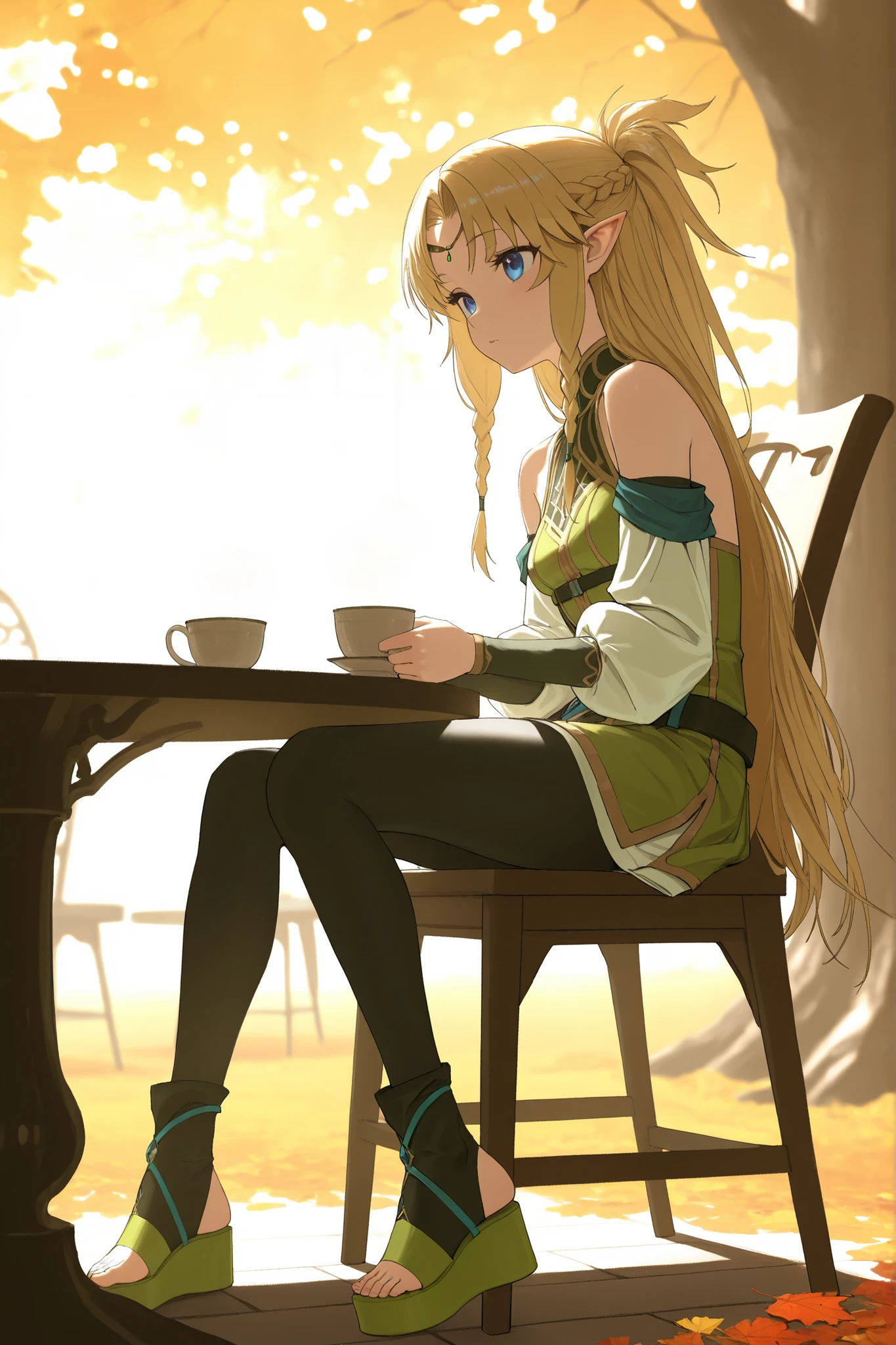 short dress, green dress, bare shoulders, detached sleeves, puffy sleeves, belt, black legwear, stirrup legwear, toeless footwear, platform footwear, green sandals,bare shoulders,small breasts,Mull3r, 1girl, very long hair, twin side braids, sidelocks, short ponytail, half updo, parted bangs, blonde hair, blue eyes, pointy ears, small breasts, circlet, ,best quality, amazing quality,masterpiece,absurdres,ultra detailed,high detail eyes,eye_focus,fullbody, autumn,sit on a chair, drink tea,table,soft lighting, balanced lighting, natural light, warm ambient light
cinematic lighting, gentle shadows, diffuse light